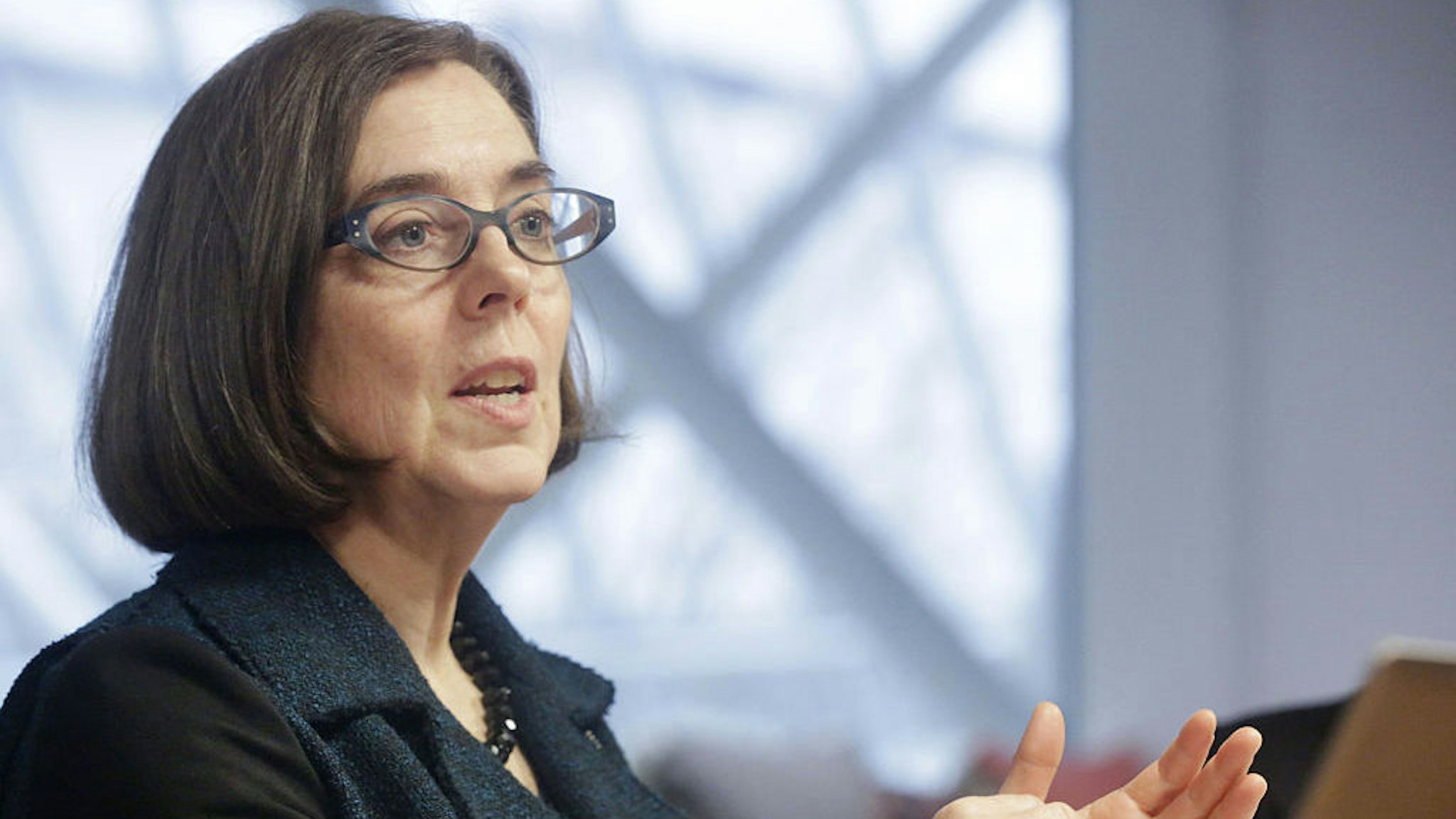 Kate Brown, governor of Oregon, speaks during an interview in Portland, Oregon, U.S. on Wednesday, Jan. 20, 2016. Brown, a Democrat, joined the state House of Representatives in 1991, was later elected to the Senate and served as secretary of state since 2009, before taking over as governor in February. Photographer: Meg Roussos/Bloomberg via Getty Images