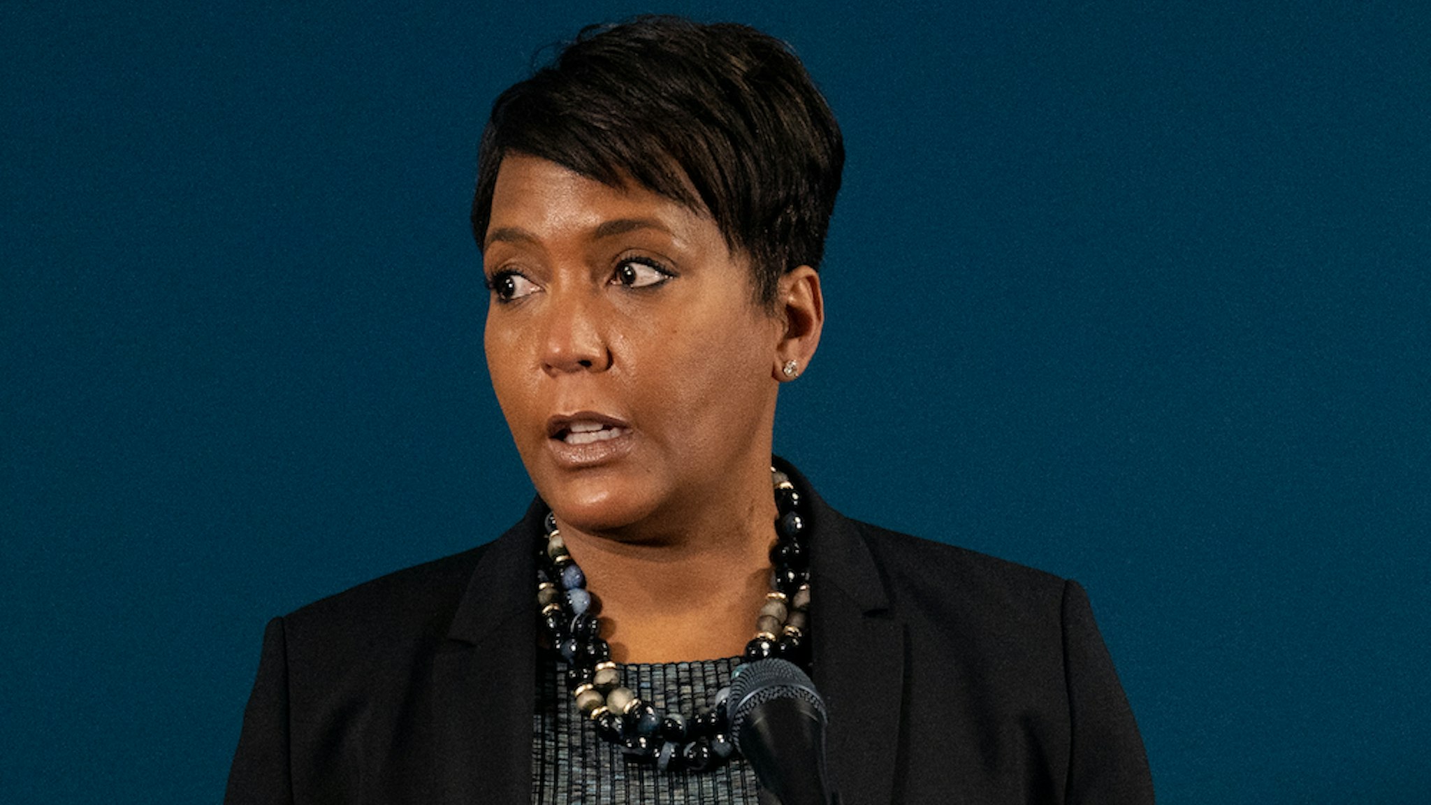 Atlanta, GA - MARCH 17: Mayor Keisha Lance Bottoms speaks at a press conference on March 17, 2021 in Atlanta, Georgia. Suspect Robert Aaron Long, 21, was arrested after a series of shootings at three Atlanta-area spas left eight people dead on Tuesday night, including six Asian women. (Photo by Megan Varner/Getty Images)