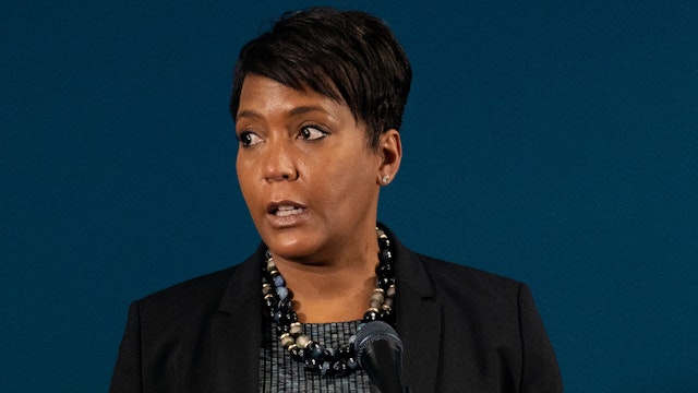 Atlanta, GA - MARCH 17: Mayor Keisha Lance Bottoms speaks at a press conference on March 17, 2021 in Atlanta, Georgia. Suspect Robert Aaron Long, 21, was arrested after a series of shootings at three Atlanta-area spas left eight people dead on Tuesday night, including six Asian women. (Photo by Megan Varner/Getty Images)