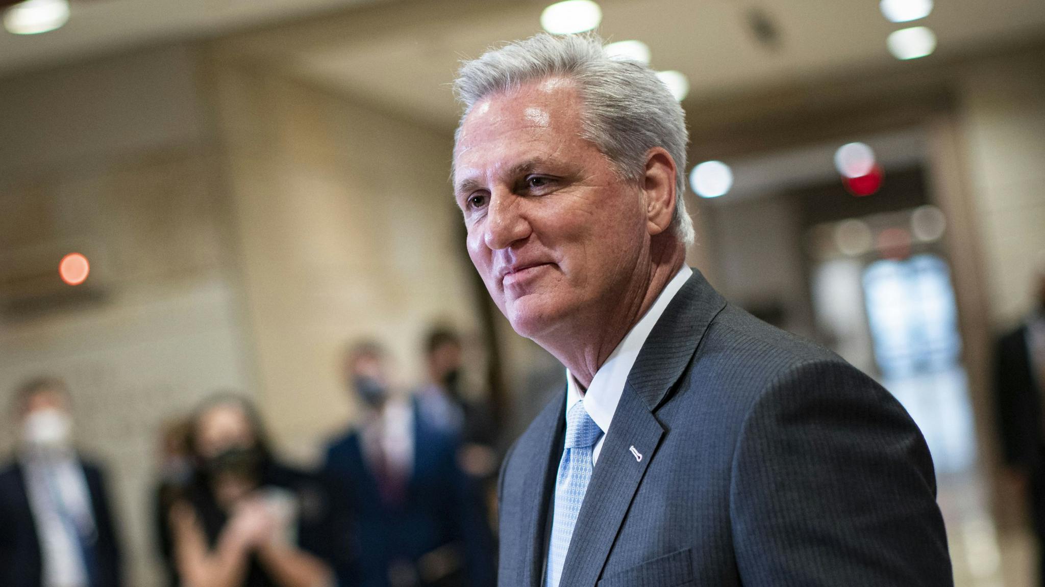 House Republican Leaders Hold Press Conference At The Capitol WASHINGTON, DC - FEBRUARY 24: House Minority Leader Kevin McCarthy (R-CA) listens during a House Republican Leadership news conference in the U.S. Capitol on February 24, 2021 in Washington, DC.