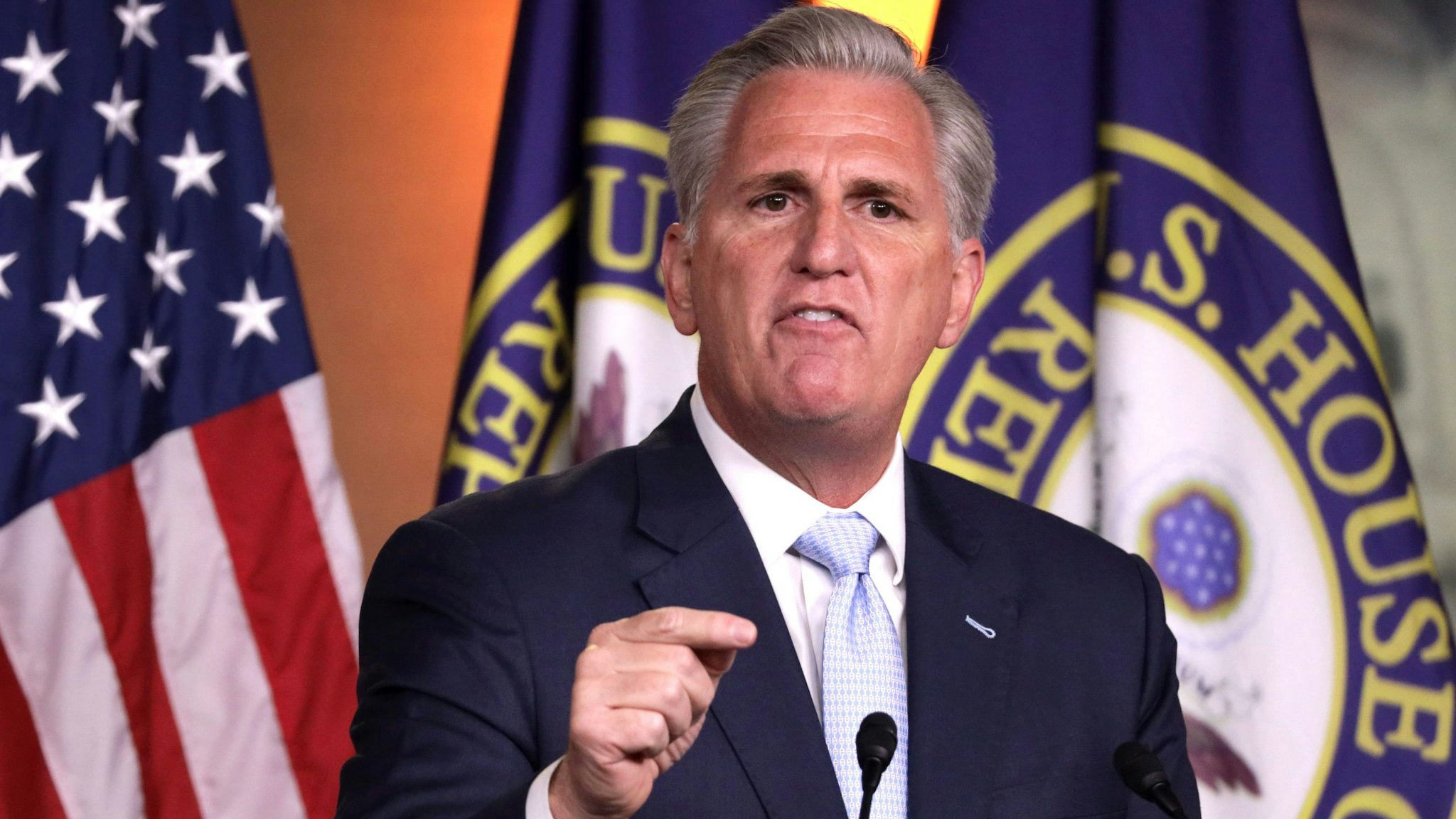 WASHINGTON, DC - JUNE 25: U.S. House Minority Leader Rep. Kevin McCarthy (R-CA) speaks during his weekly news conference June 25, 2020 on Capitol Hill in Washington, DC. McCarthy discuss various topics including the police reform bill.