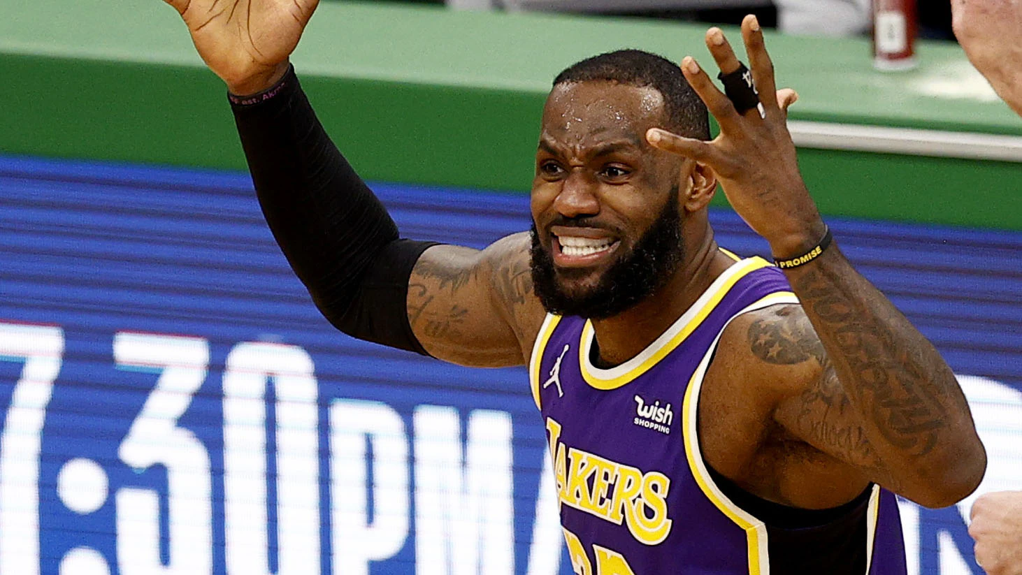 BOSTON, MASSACHUSETTS - JANUARY 30: LeBron James #23 of the Los Angeles Lakers disputes a personal foul called against him during the fourth quarter against the Boston Celtics at TD Garden on January 30, 2021 in Boston, Massachusetts. The Lakers defeat the Celtics 96-95.