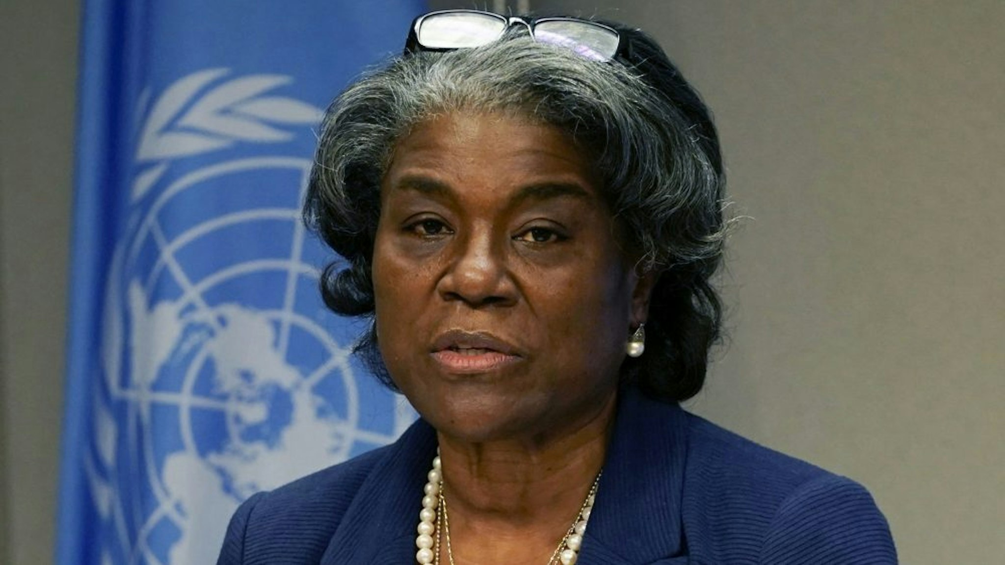 US ambassador to the United Nations, Linda Thomas-Greenfield, and President of the Security Council speaks during a press conference for the Security Council programme of work in March at the UN Headquarters in New York on March 1, 2021.
