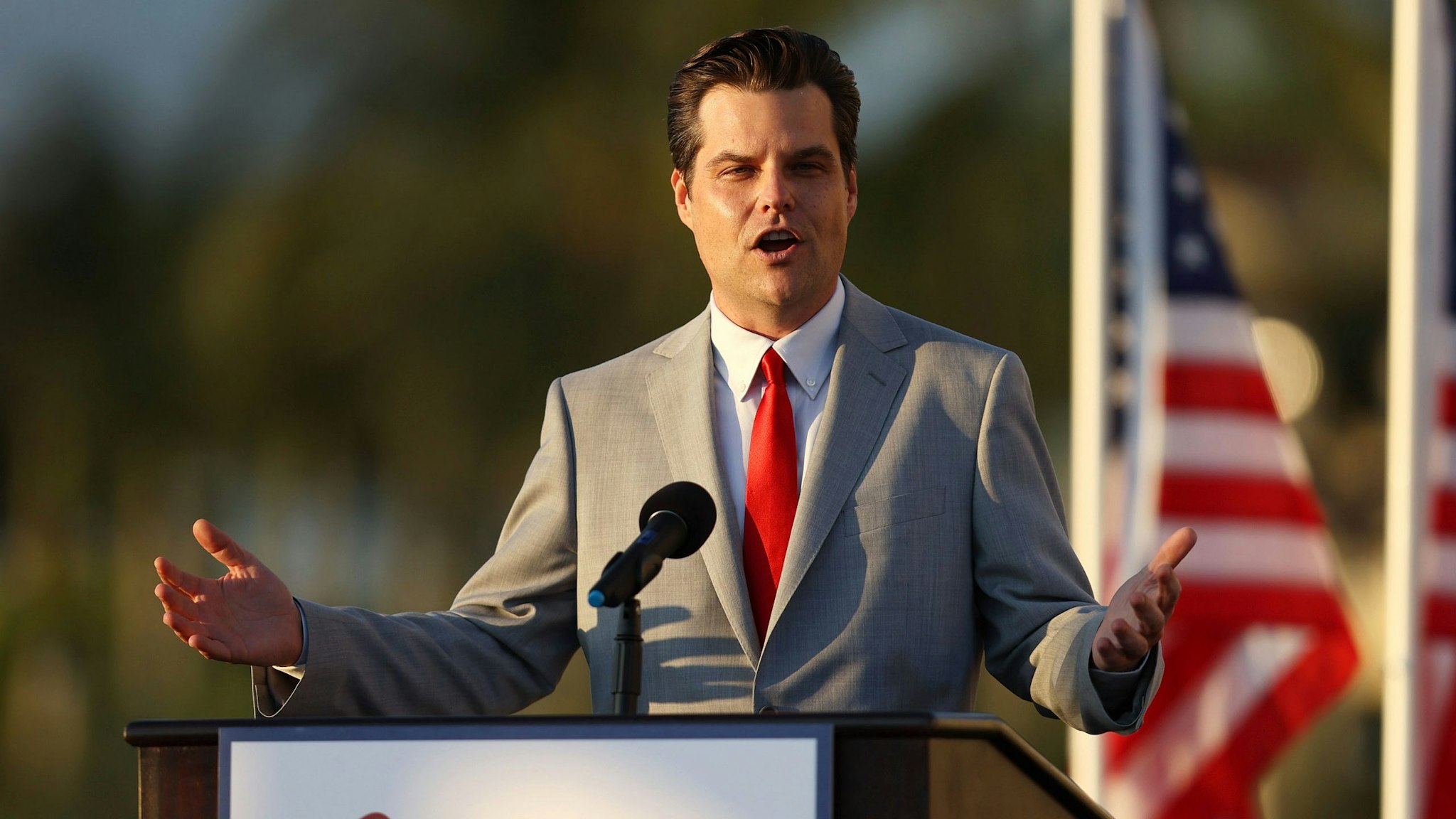 DORAL, FLORIDA - APRIL 09: Rep. Matt Gaetz (R-Fl) speaks during the "Save America Summit" at the Trump National Doral golf resort on April 09, 2021 in Doral, Florida. Mr. Gaetz addressed the summit hosted by Women for America First as the Justice Department is investigating the Congressman for allegations of sex with a minor and child sex trafficking.