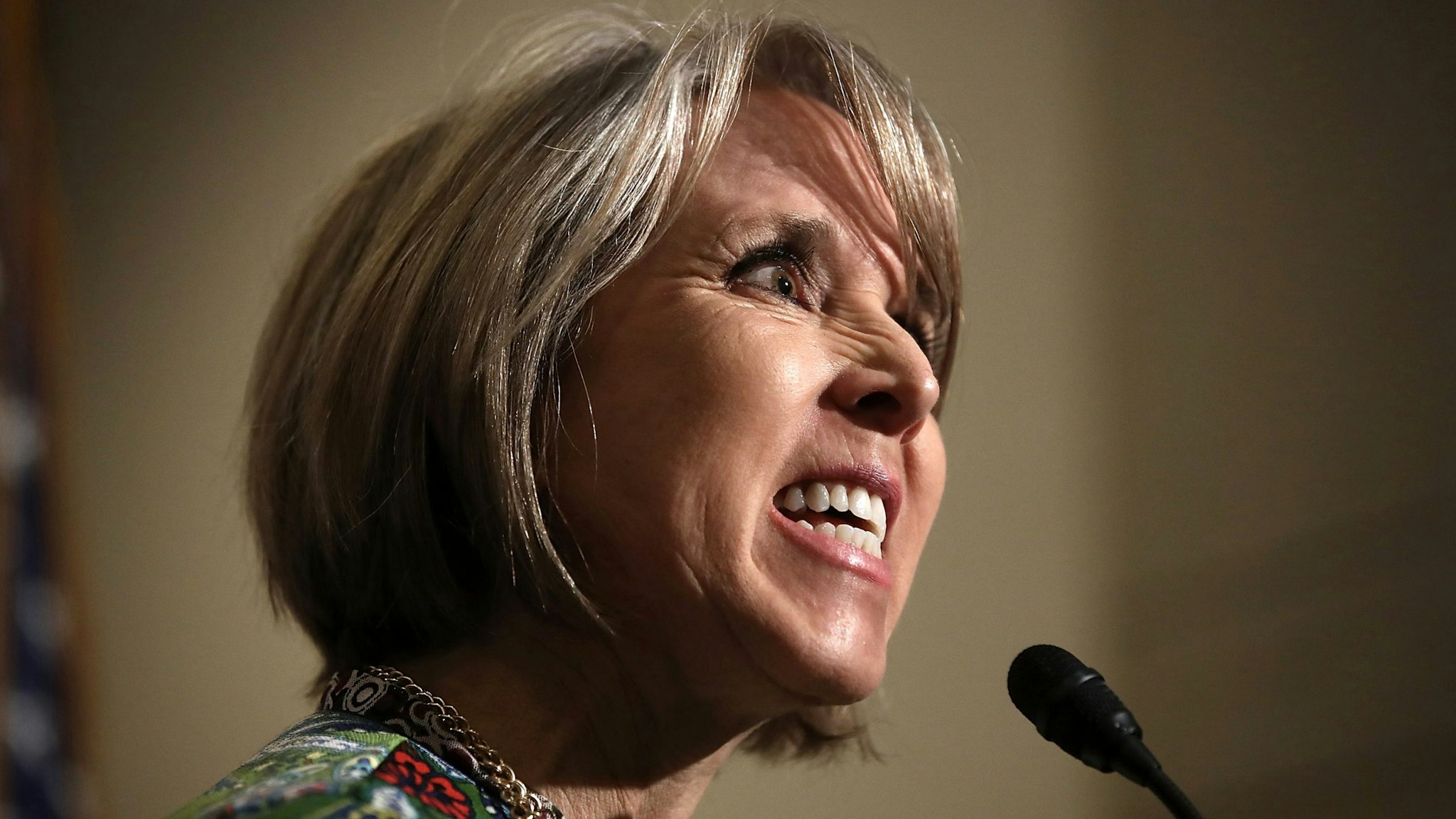 WASHINGTON, DC - MARCH 17: Rep. Michelle Lujan Grisham (D-NM), chairwoman of the Congressional Hispanic Caucus, delivers remarks following a meeting between U.S. Secretary of Homeland Security John Kelly and members of the Congressional Hispanic Caucus at the U.S. Capitol March 17, 2017 in Washington, DC. Kelly met with the group to answer questions on U.S. President Donald Trump's recent executive order limiting immigration to the U.S. as well as other topics.