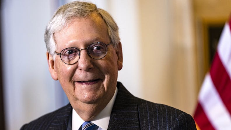 Senate GOP Leadership Briefs Press After Policy Luncheon WASHINGTON, DC - MARCH 02: Senate Minority Leader Mitch McConnell (R-KY) holds a press conference following the Senate GOP policy luncheon in the Rayburn Senate Office Building on Capitol Hill on March 2, 2021 in Washington, DC.