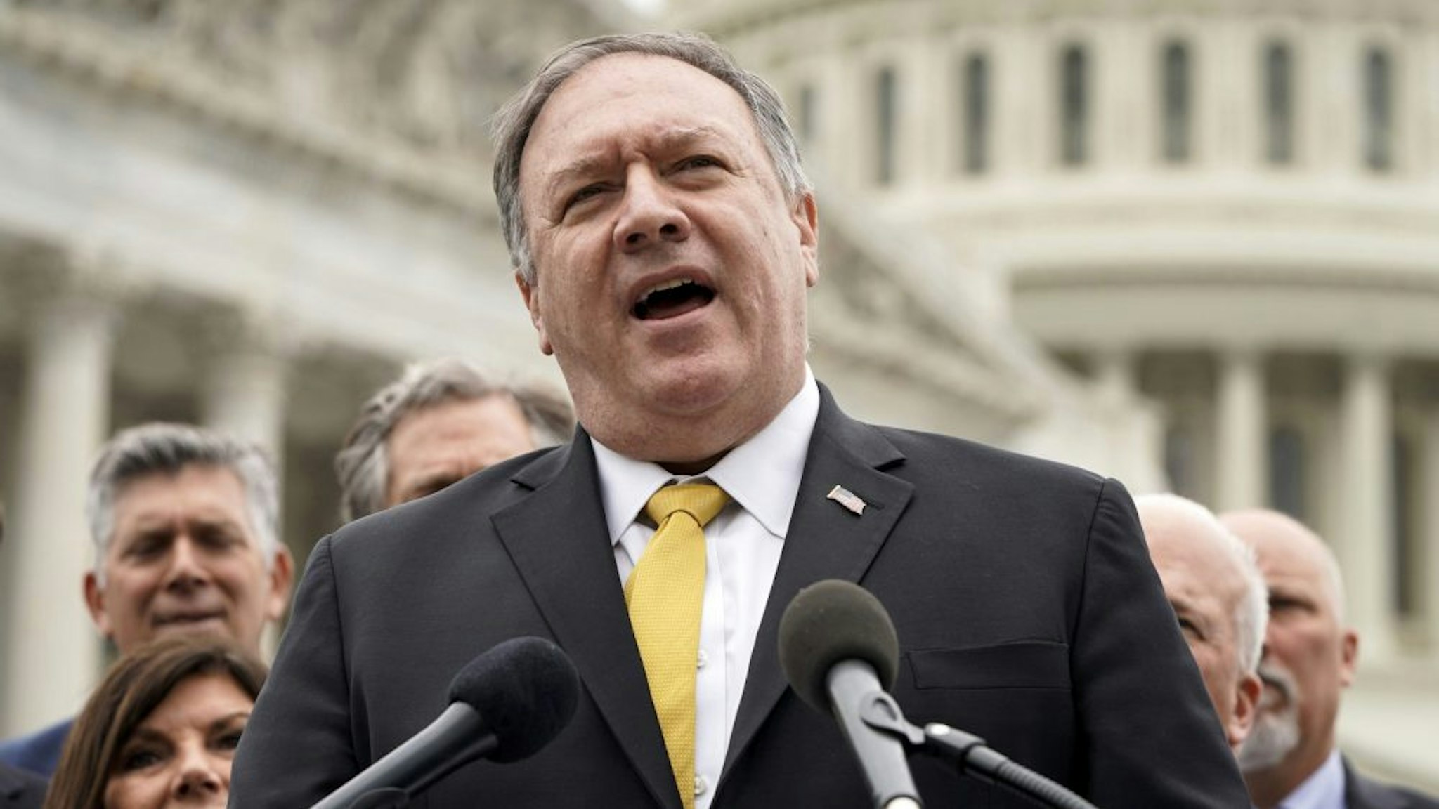 WASHINGTON, DC - APRIL 21: Former Secretary of State Mike Pompeo speaks to the media with members of the Republican Study Committee about Iran on April 21, 2021 in Washington, DC. The group has proposed legislation that would expand sanctions on Iran and aim to prevent the U.S. reentering the Iran deal.