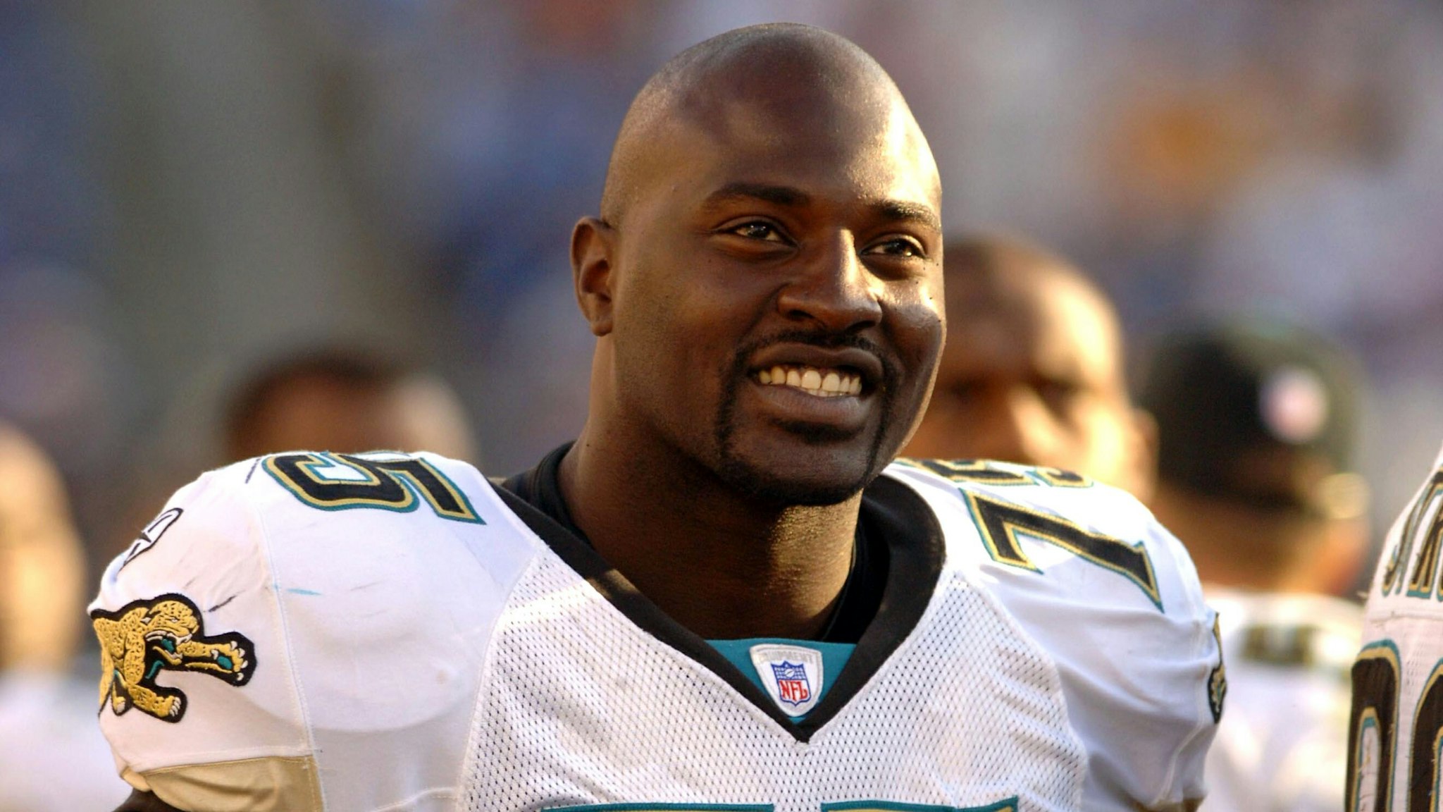 Marcellus Wiley #75 smiles after the Jaguars victory. The Jacksonville Jaguars beat the Tennessee Titans 31-28 on November 20, 2005.