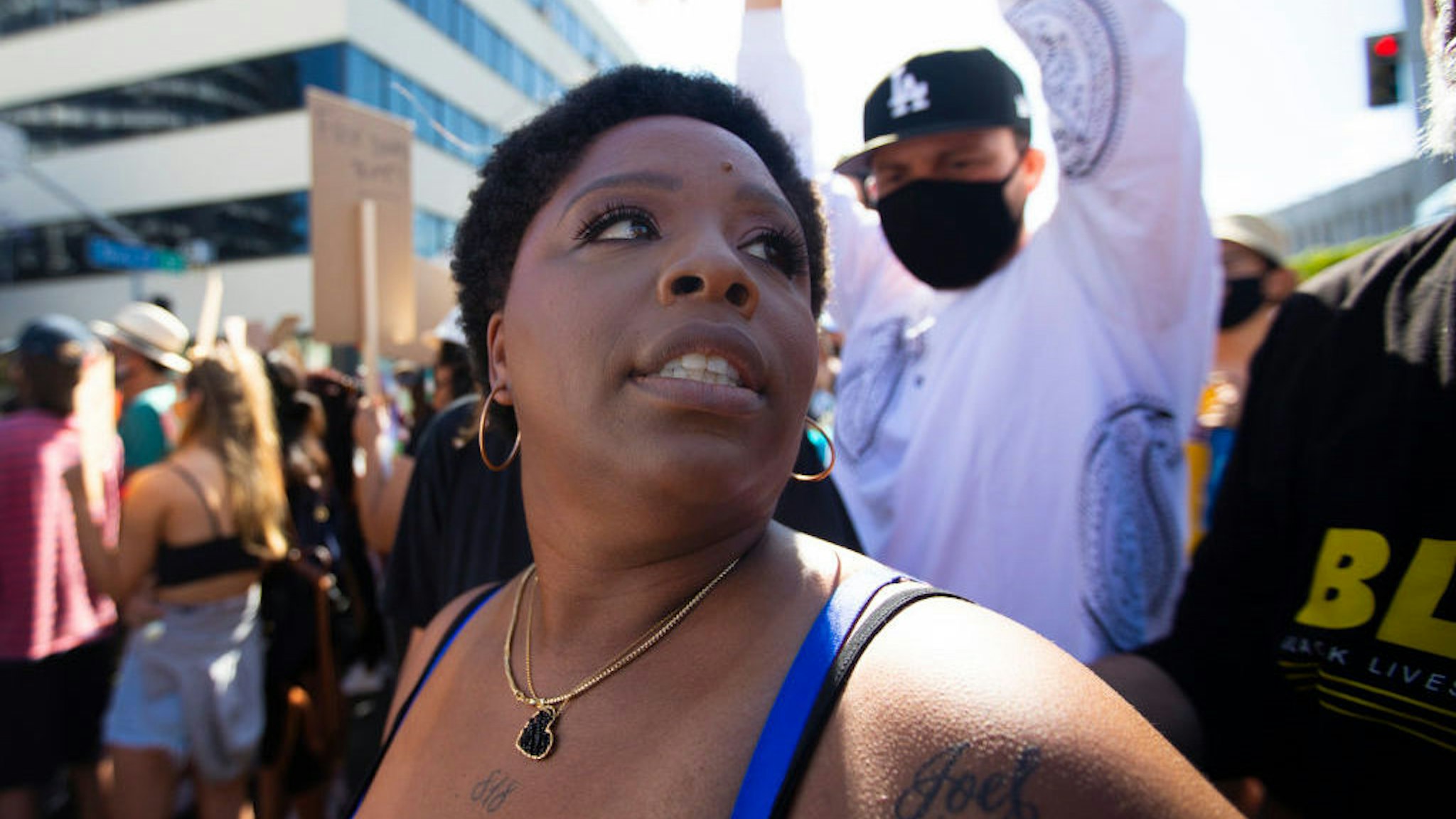 HOLLYWOOD, CA JUNE 7, 2020: Patrisse Cullors is one of the three co-founders of the Black Lives Matter movement. She participated in the peaceful march in Hollywood, CA today Sunday June 7, 2020. Thousands of people participated in today’s peaceful protest against police sparked by the death of George Floyd. (Francine Orr/ Los Angeles Times)