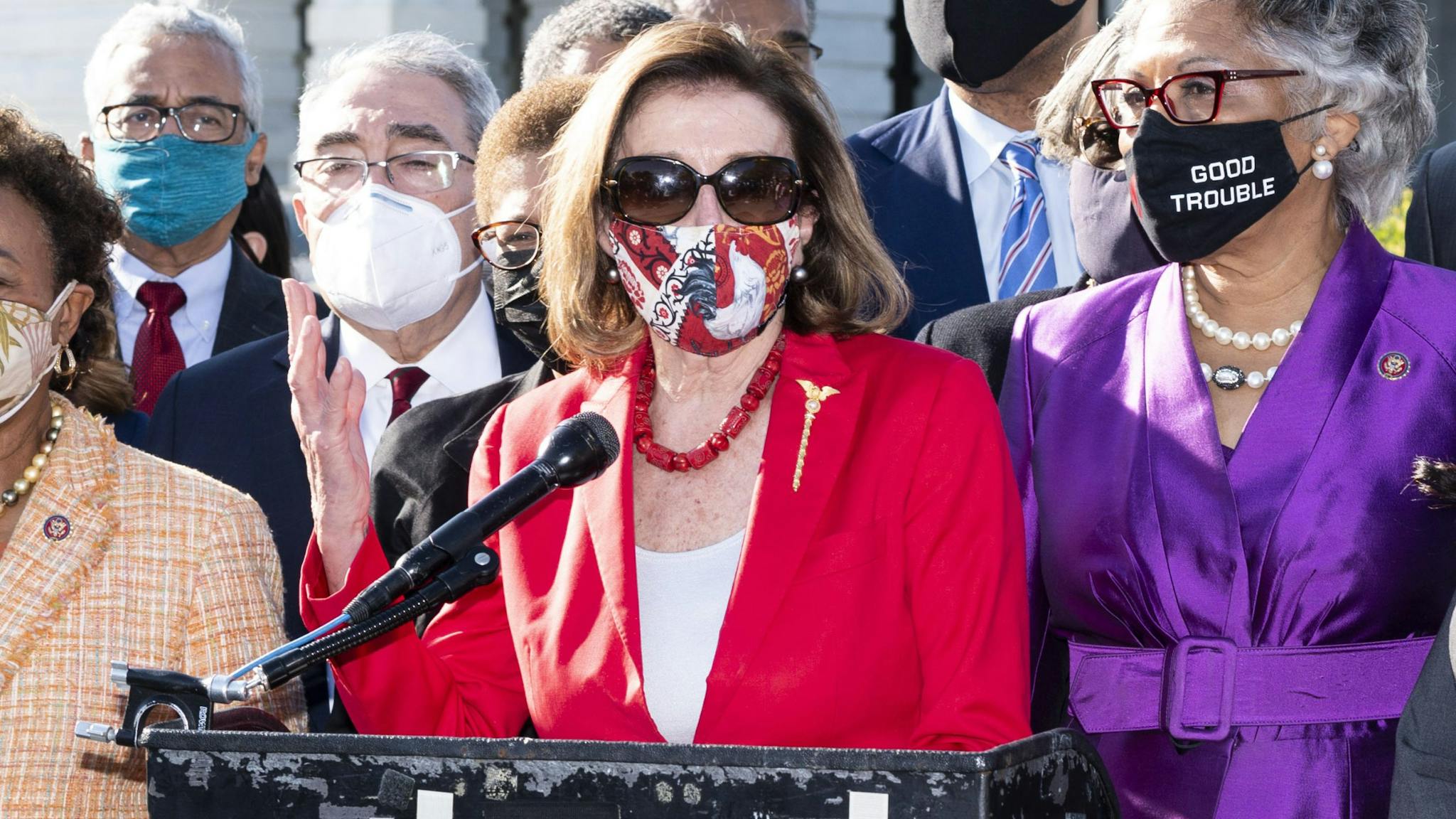 Derek Chauvin Verdict UNITED STATES - APRIL 20: The Speaker of the House Nancy Pelosi, D-Calif., speaks at a news conference surrounded by members of the Congressional Black Caucus after the reading of guilty verdicts in the Derek Chauvin trial on Tuesday, April 20, 2021. The Congressional Black Caucus gathered in the Rayburn Room to watch the verdict before holding a press conference outside.