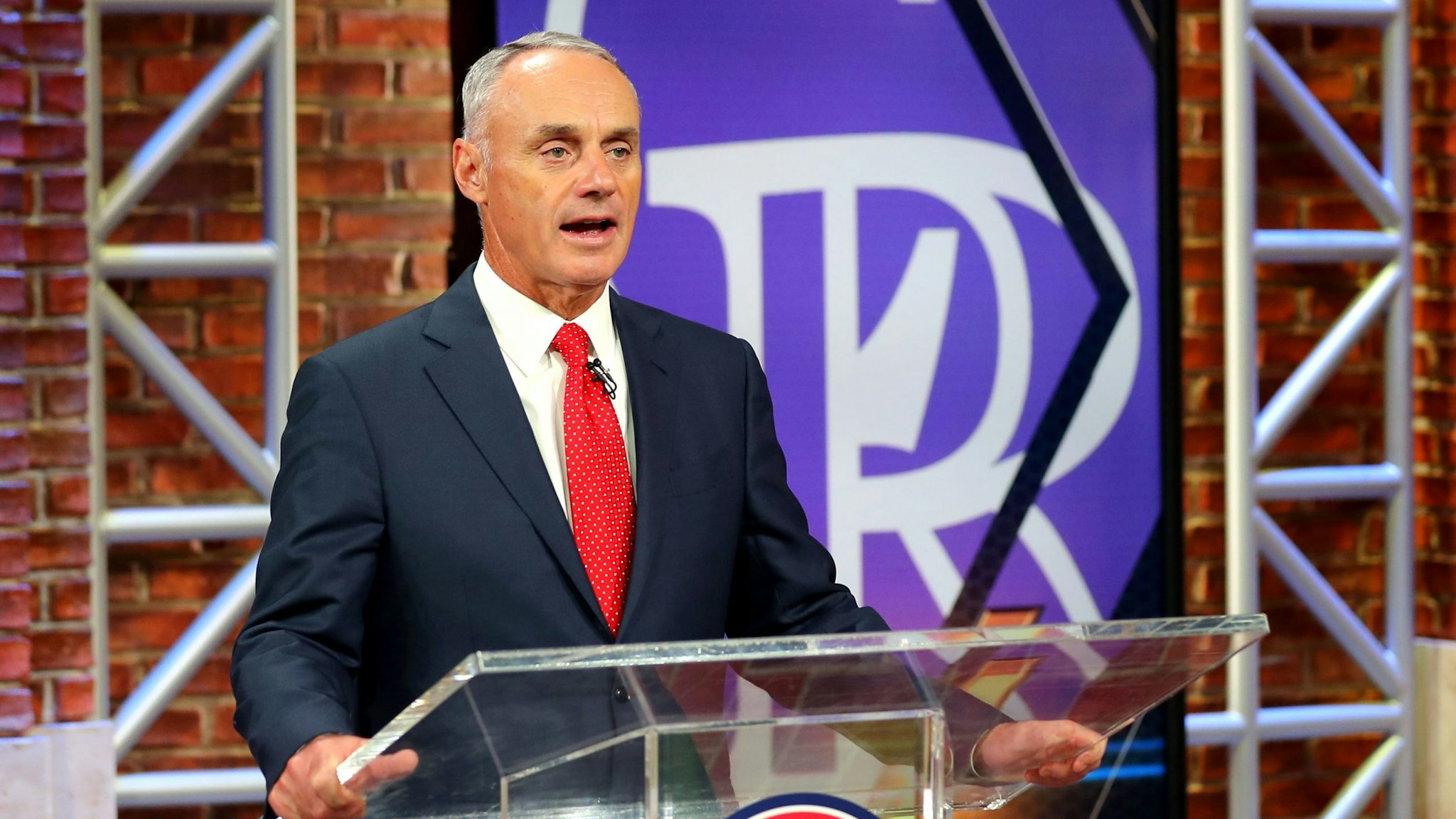 SECAUCUS, NJ - JUNE 10: Major League Baseball Commissioner Robert D. Manfred Jr. announces the ninth pick of the 2020 MLB Draft is Zac Veen by the Colorado Rockies during the 2020 Major League Baseball Draft at MLB Network on Wednesday, June 10, 2020 in Secaucus, New Jersey.