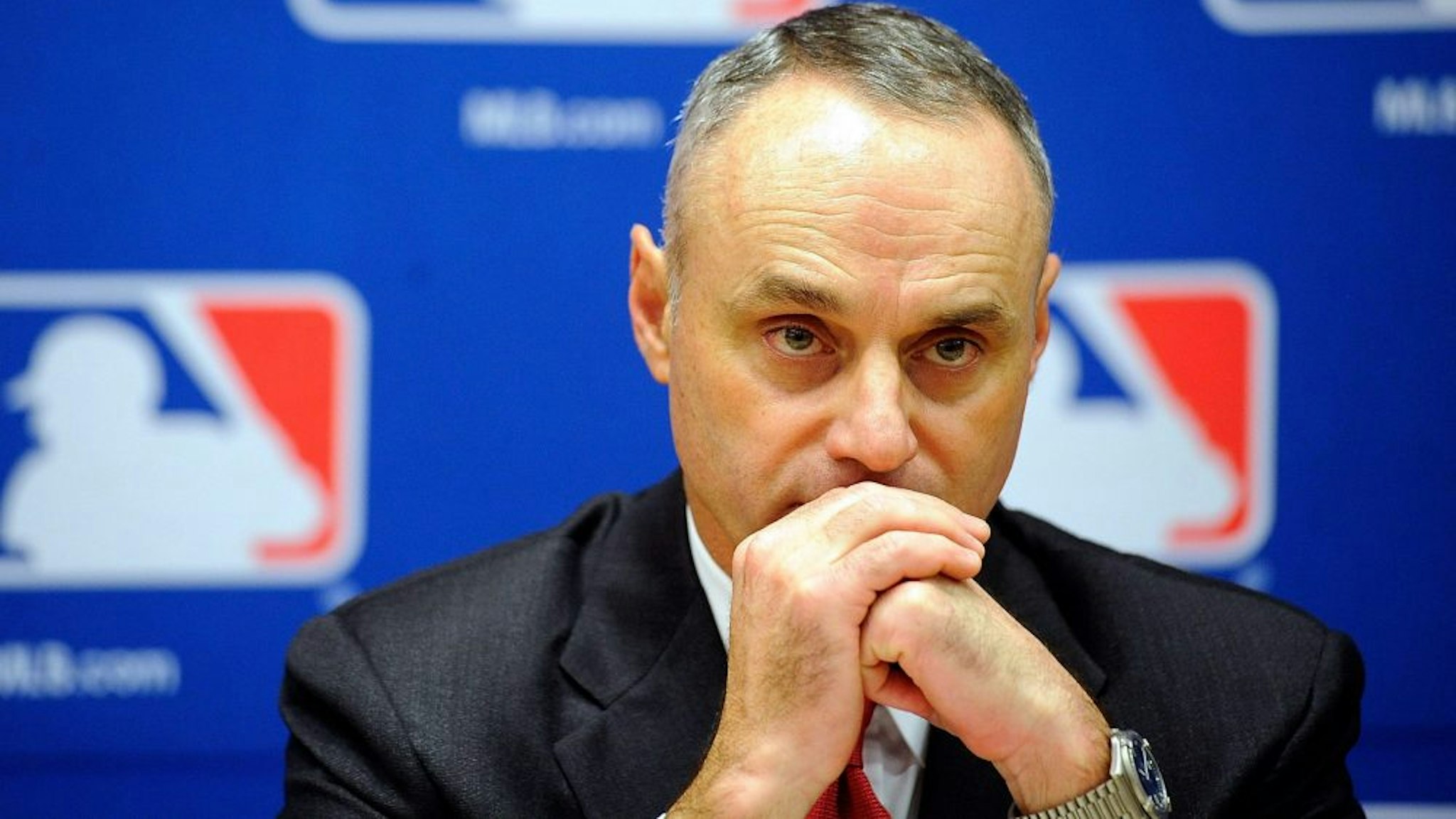 NEW YORK, NY - NOVEMBER 22: Major League Baseball Executive Vice President Rob Manfred speaks at a news conference at MLB headquarters on November 22, 2011 in New York City. Commissioner Bud Selig announced a new five-year labor agreement between Major League Baseball and the Major League Baseball Players Association.