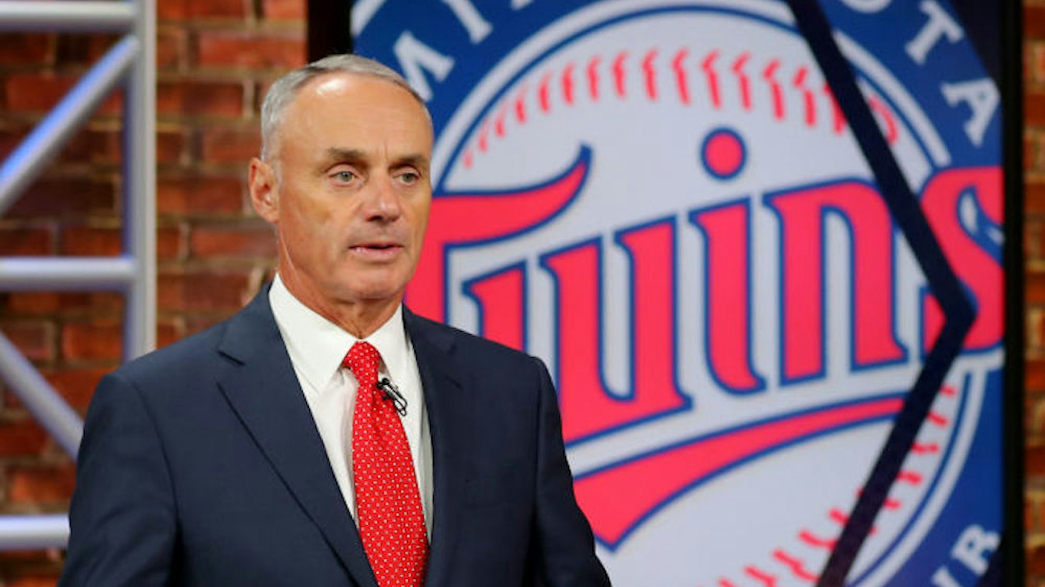 SECAUCUS, NJ - JUNE 10: Major League Baseball Commissioner Robert D. Manfred Jr. announces the 27th pick of the 2020 MLB Draft is Aaron Sabato by the Minnesota Twins during the 2020 Major League Baseball Draft at MLB Network on Wednesday, June 10, 2020 in Secaucus, New Jersey. (Photo by Alex Trautwig/MLB Photos via Getty Images)