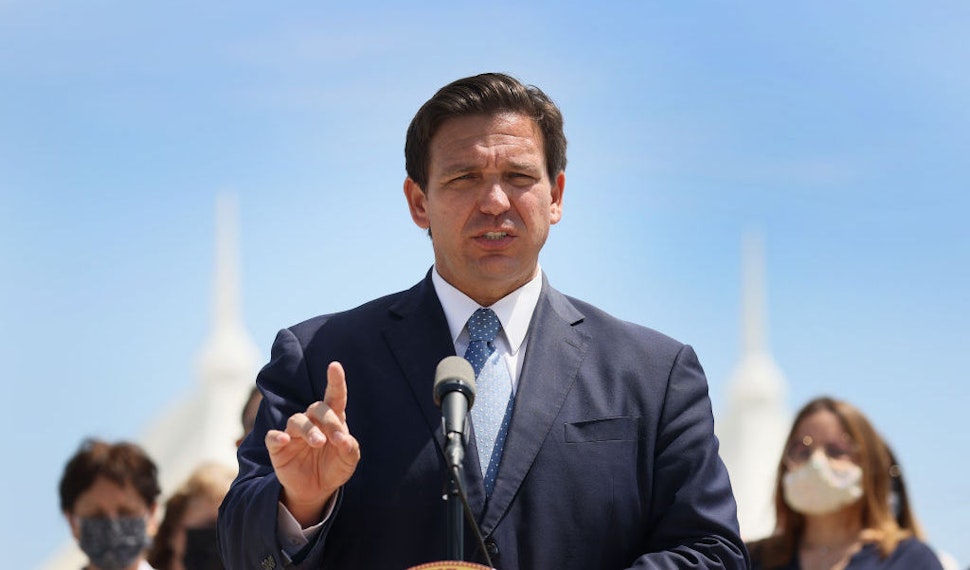 MIAMI, FLORIDA - APRIL 08: Florida Gov. Ron DeSantis speaks to the media about the cruise industry during a press conference at PortMiami on April 08, 2021 in Miami, Florida. The Governor announced that the state is suing the federal government to allow cruises to resume in Florida. (Photo by Joe Raedle/Getty Images)