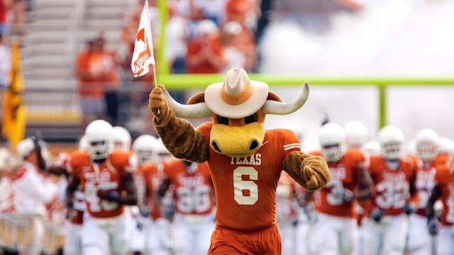 AUSTIN, TX - SEPTEMBER 27: The Texas Longhorns mascot leads the team onto the field before the game against the Arkansas Razorbacks on September 27, 2008 at Darrell K Royal-Texas Memorial Stadium in Austin, Texas. Texas won 52-10.