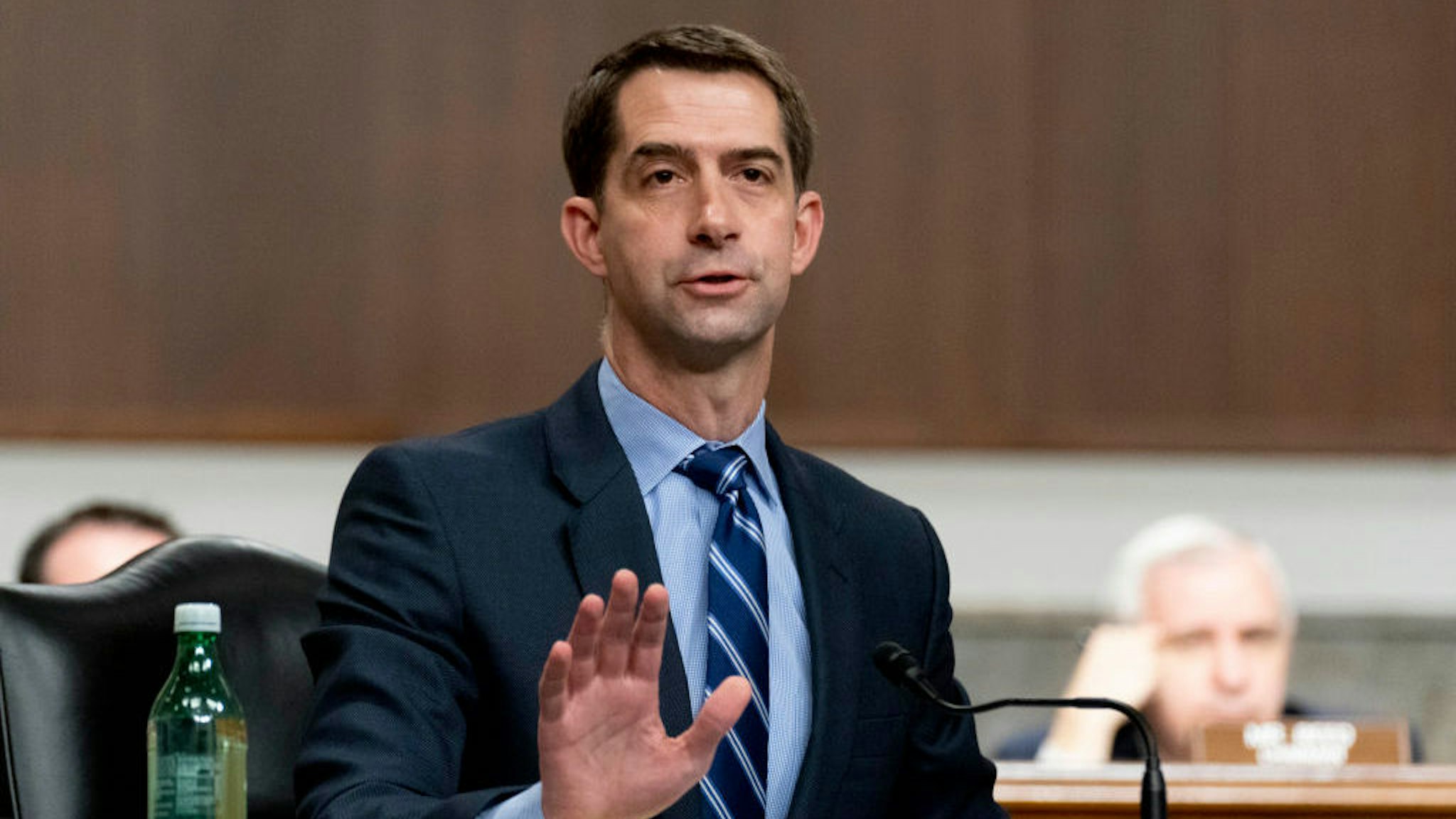 Sen. Tom Cotton, R-Ark., speaks during a hearing to examine United States Special Operations Command and United States Cyber Command in review of the Defense Authorization Request for fiscal year 2022 and the Future Years Defense Program, on Capitol Hill, Thursday, March 25, 2021, in Washington. (AP Photo/Andrew Harnik, Pool)