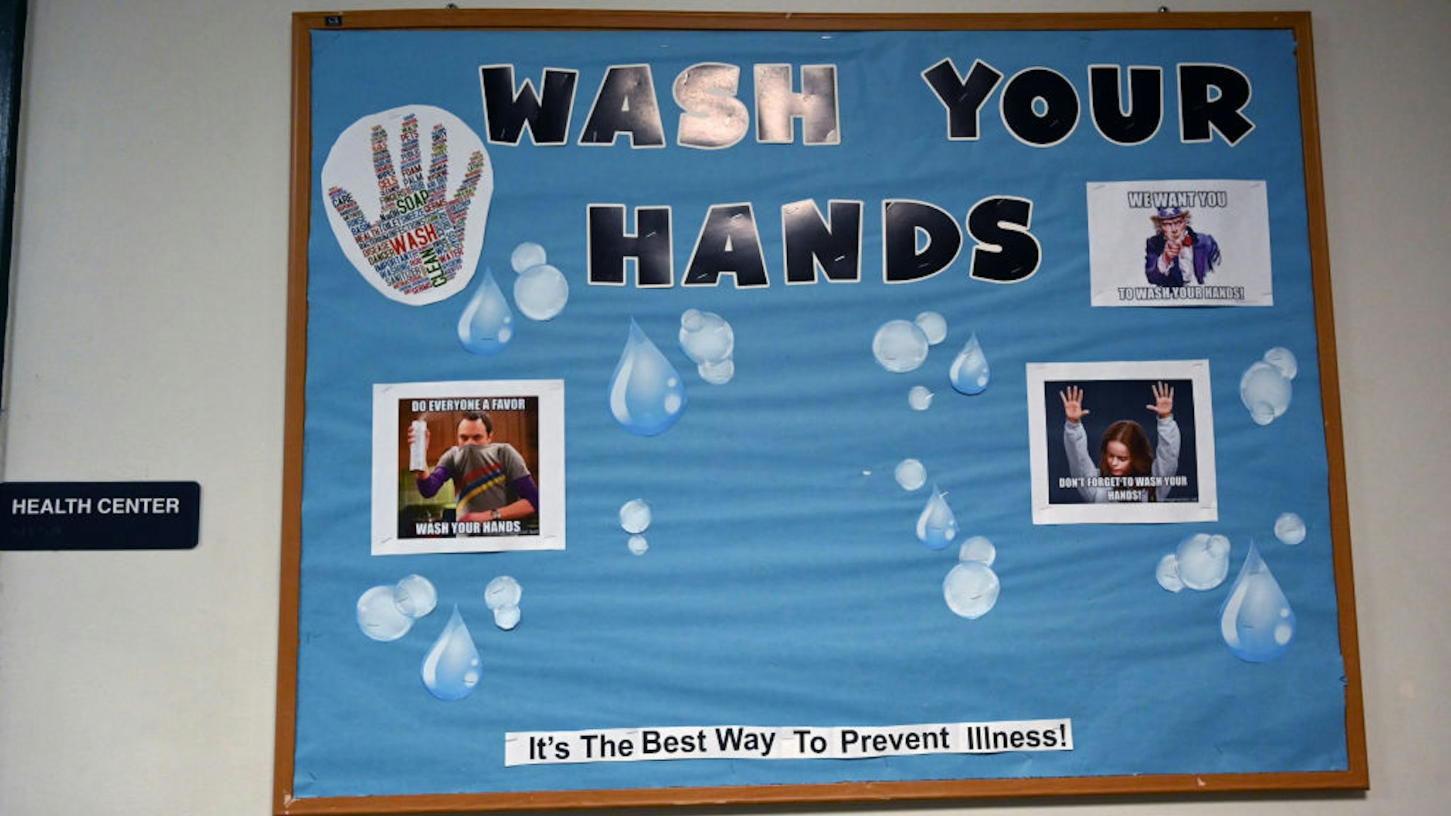 STANDISH, ME - SEPTEMBER 8: A sign outside the nurses office reminds students to wash their hands on the first day of school at Bonny Eagle High School Tuesday, September 8, 2020.