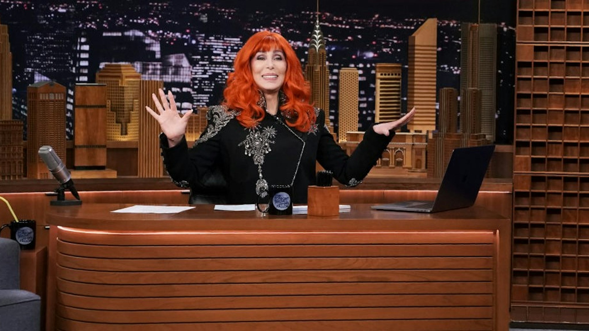 THE TONIGHT SHOW STARRING JIMMY FALLON -- Episode 1048 -- Pictured: Singer Cher sits at the desk on April 15, 2019 -- (Photo by: