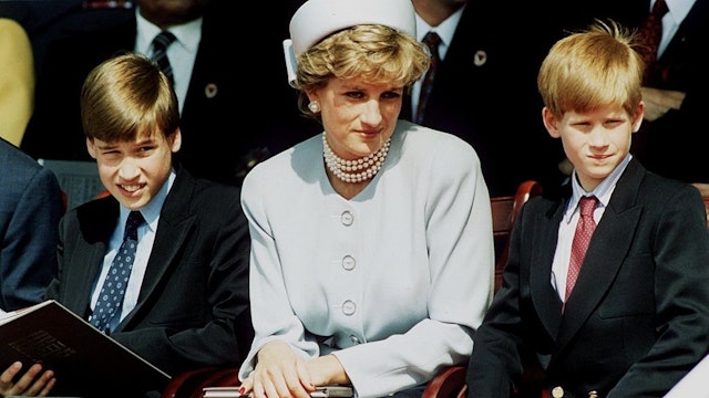 LONDON - MAY 7: (FILE PHOTO) Princess Diana, Princess of Wales with her sons Prince William and Prince Harry attend the Heads of State VE Remembrance Service in Hyde Park on May 7, 1995 in London, England. (Photo by Anwar Hussein/Getty Images)