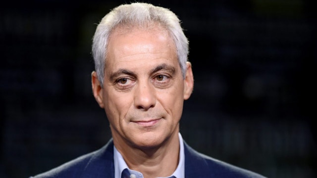 Former White House Chief of Staff and Chicago Mayor Rahm Emanuel visits WSJ at Large with Gerry Baker at Fox Business Network studios on August 01, 2019 in New York City.