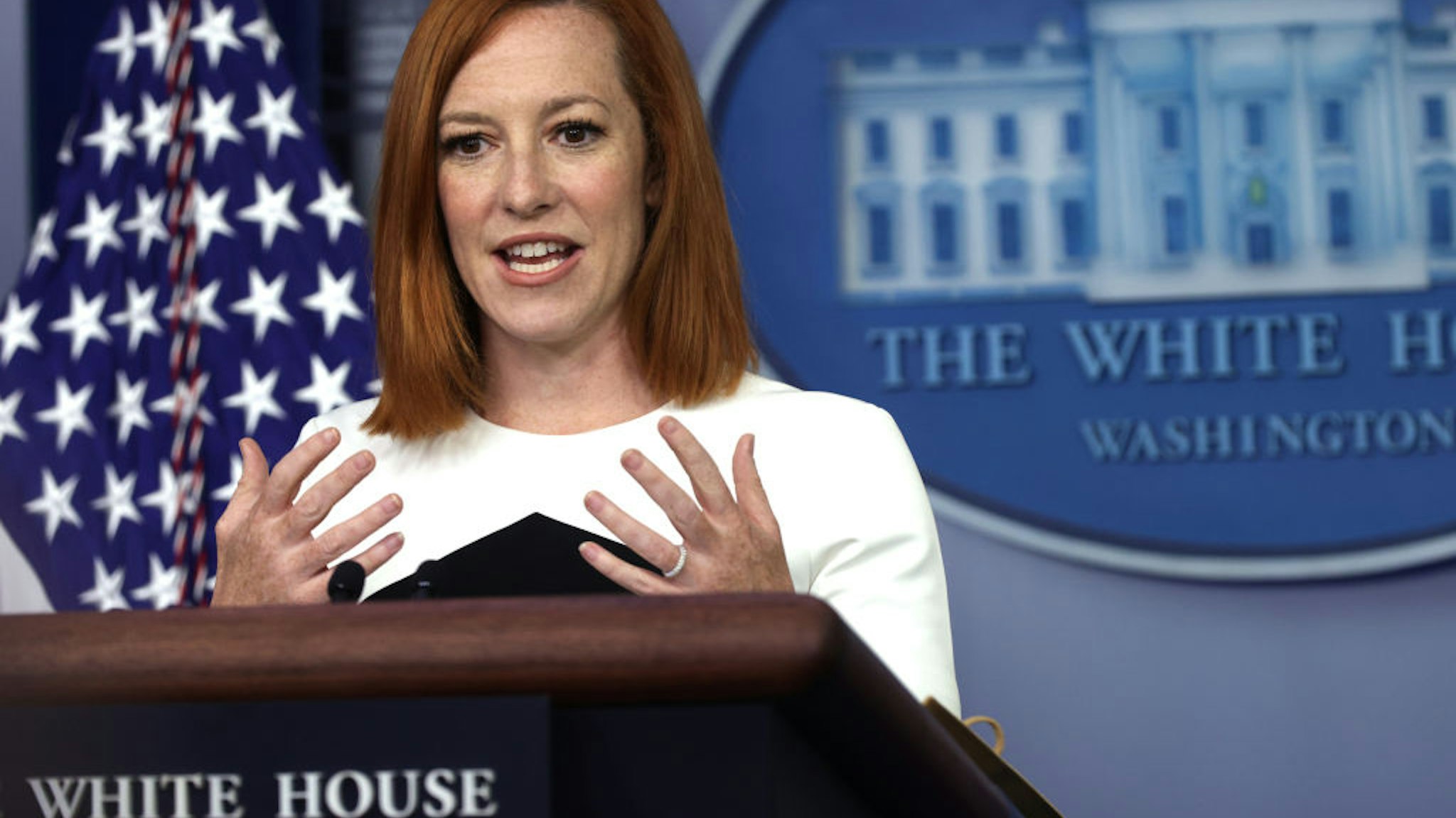 WASHINGTON, DC - MAY 05: White House Press Secretary Jen Psaki speaks during a daily press briefing at the James Brady Press Briefing Room of the White House May 5, 2021 in Washington, DC. President Joe Biden will deliver remarks on his administration’s implementation of the American Rescue Plan later today. (Photo by Alex Wong/Getty Images)