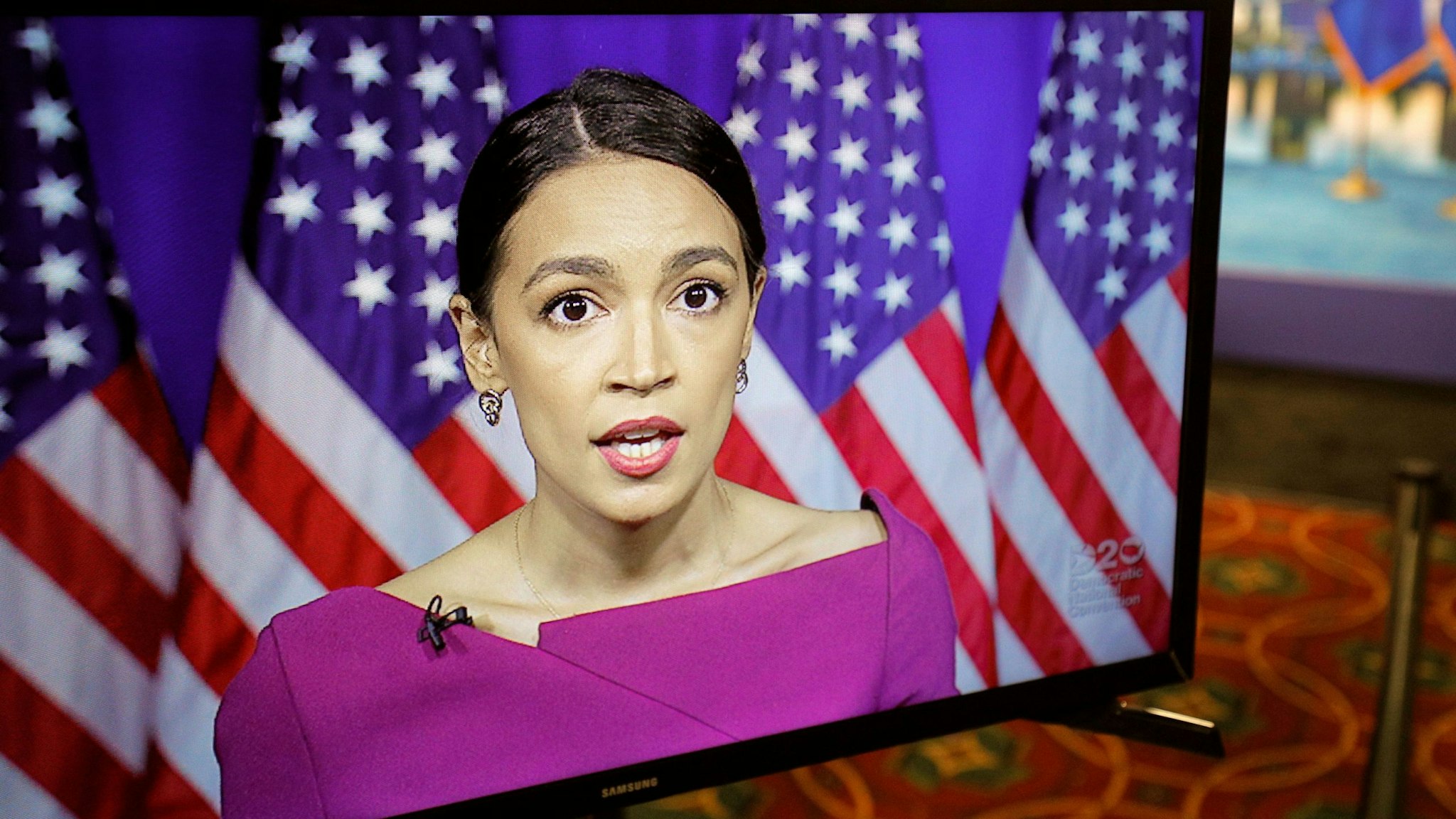 US Rep. Alexandria Ocasio-Cortez (D-NY) seconds the nomination of US Senator Bernie Sanders via video feed during the second day of the Democratic National Convention, being held virtually amid the novel coronavirus pandemic, at its hosting site in Milwaukee, Wisconsin, on August 18, 2020.