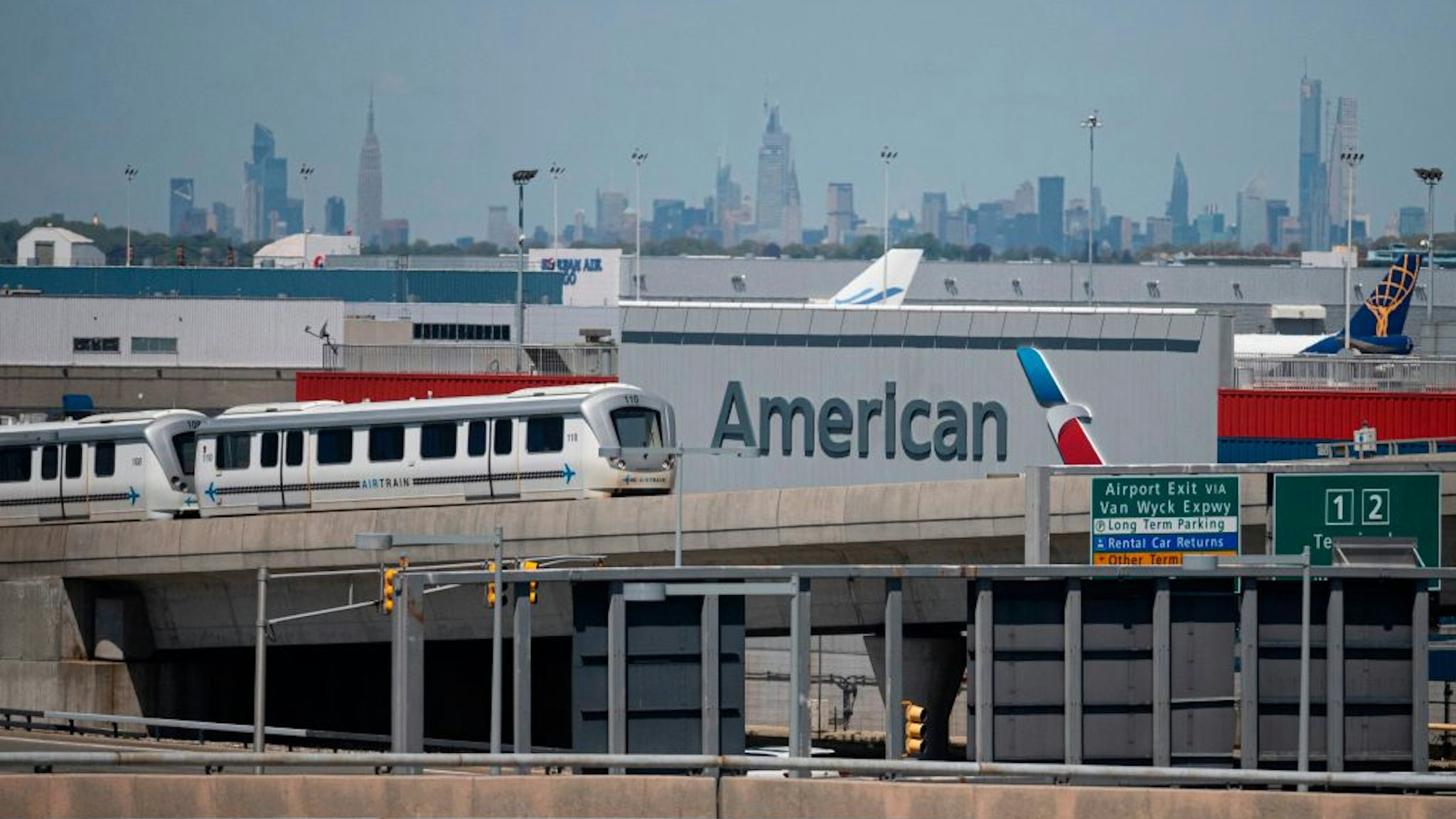 The American Airlines logo is seen at John F. Kennedy Airport (JFK) is seen amid the novel coronavirus pandemic on May 13, 2020 in Queens, New York. (Photo by Johannes EISELE / AFP) (Photo by JOHANNES EISELE/AFP via Getty Images)