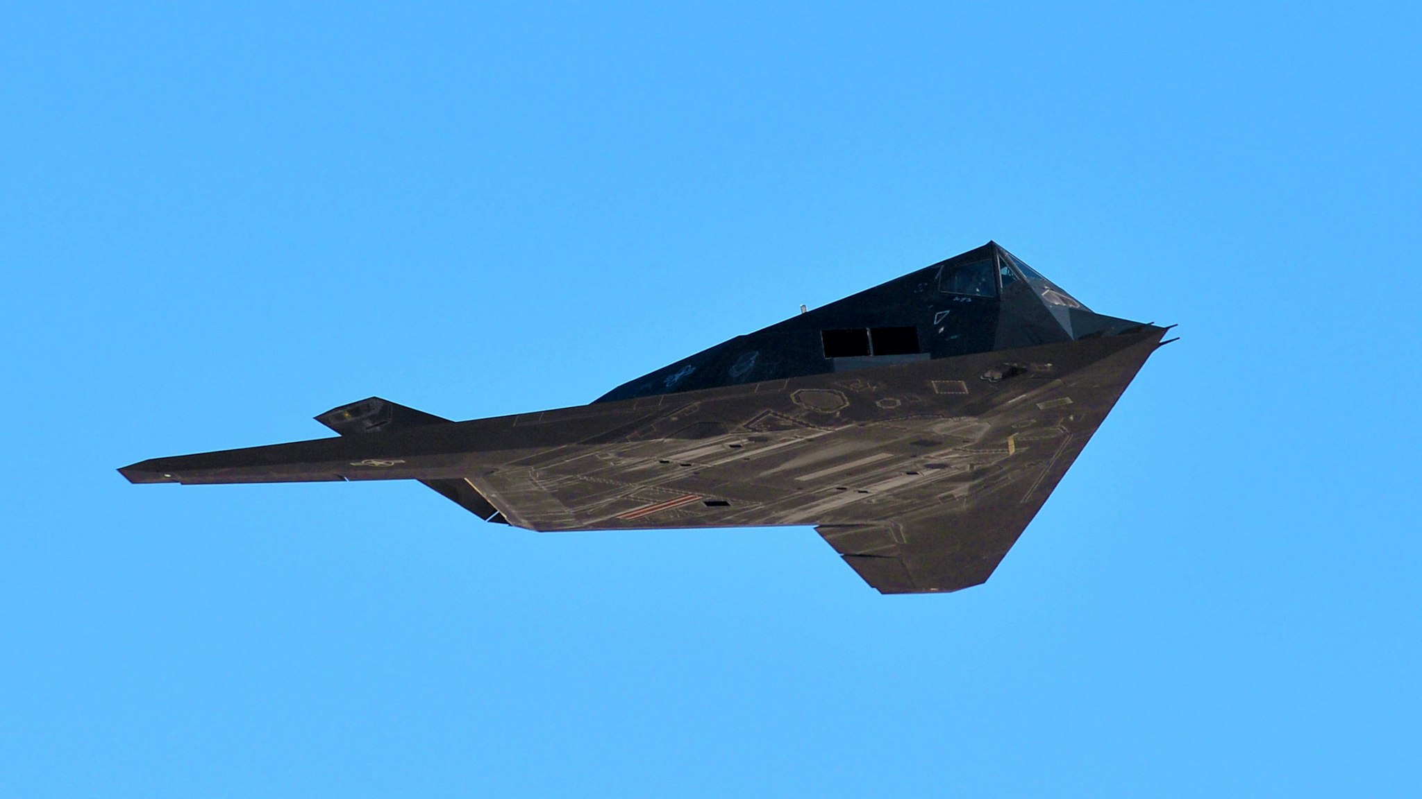 DEATH VALLEY, CALIFORNIA - FEBRUARY 27: The F-117 Nighthawk Stealth Fighter flies on February 27, 2019 in Death Valley, California.