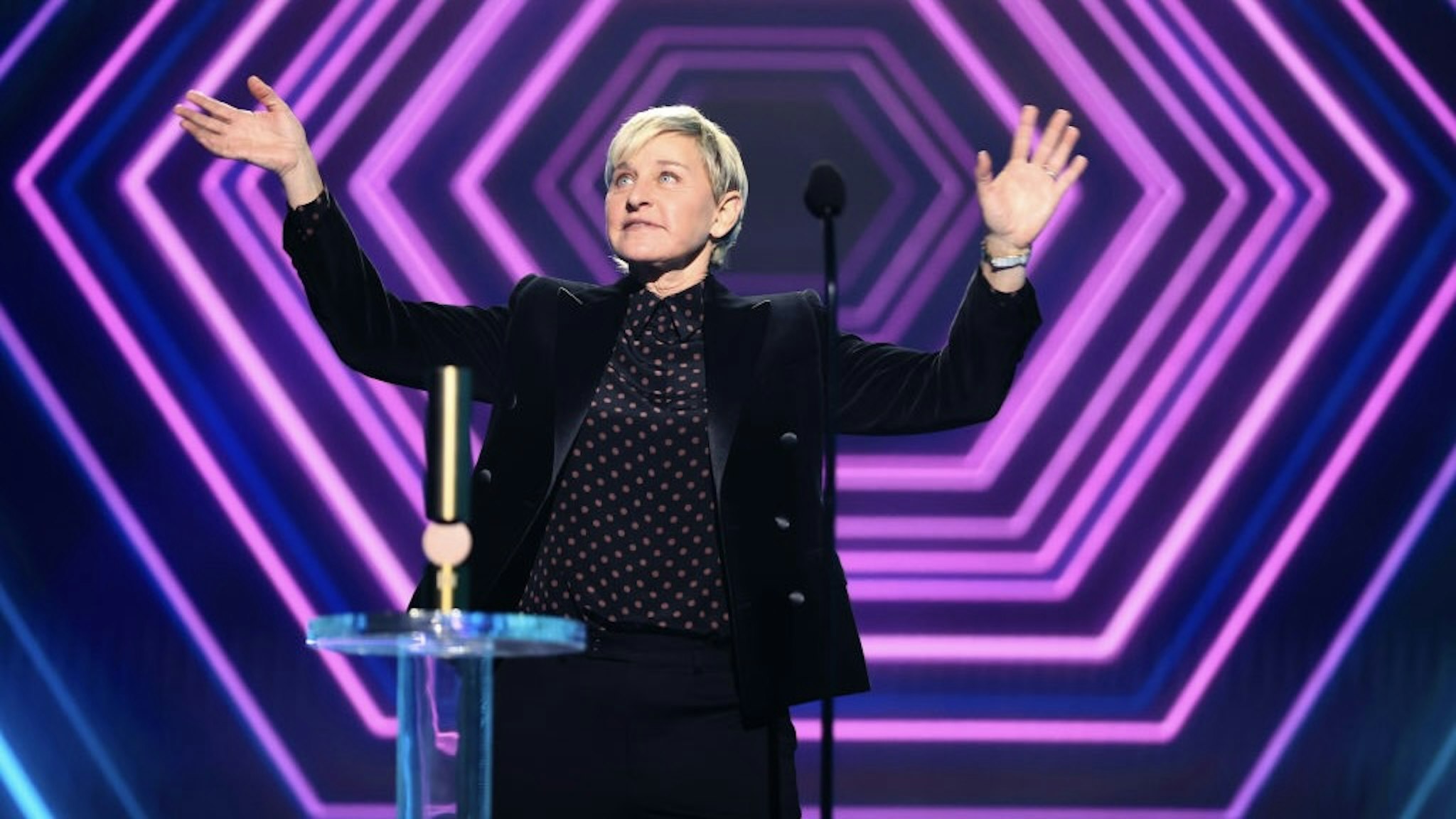 SANTA MONICA, CALIFORNIA - NOVEMBER 15: 2020 E! PEOPLE'S CHOICE AWARDS -- In this image released on November 15, Ellen DeGeneres accepts the award for The Daytime Talk Show of 2020 onstage for the 2020 E! People's Choice Awards held at the Barker Hangar in Santa Monica, California and on broadcast on Sunday, November 15, 2020. (Photo by Christopher Polk/E! Entertainment/NBCU Photo Bank via Getty Images)