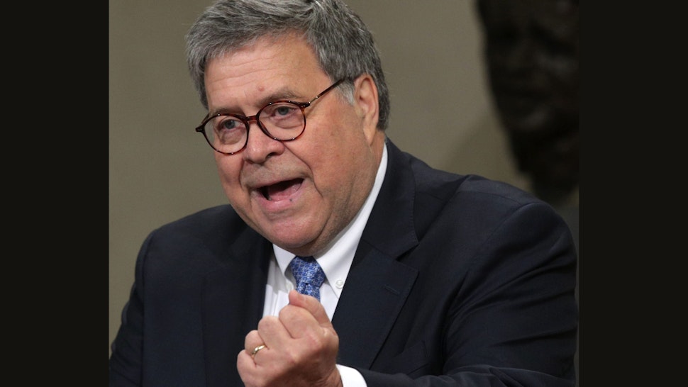 WASHINGTON, DC - JULY 15: U.S. Attorney General William Barr speaks during a Combating Anti-Semitism Summit at the Justice Department July 15, 2019 in Washington, DC. Administration officials and Jewish leaders are participating in the summit to discuss ways to combat anti-semitism.