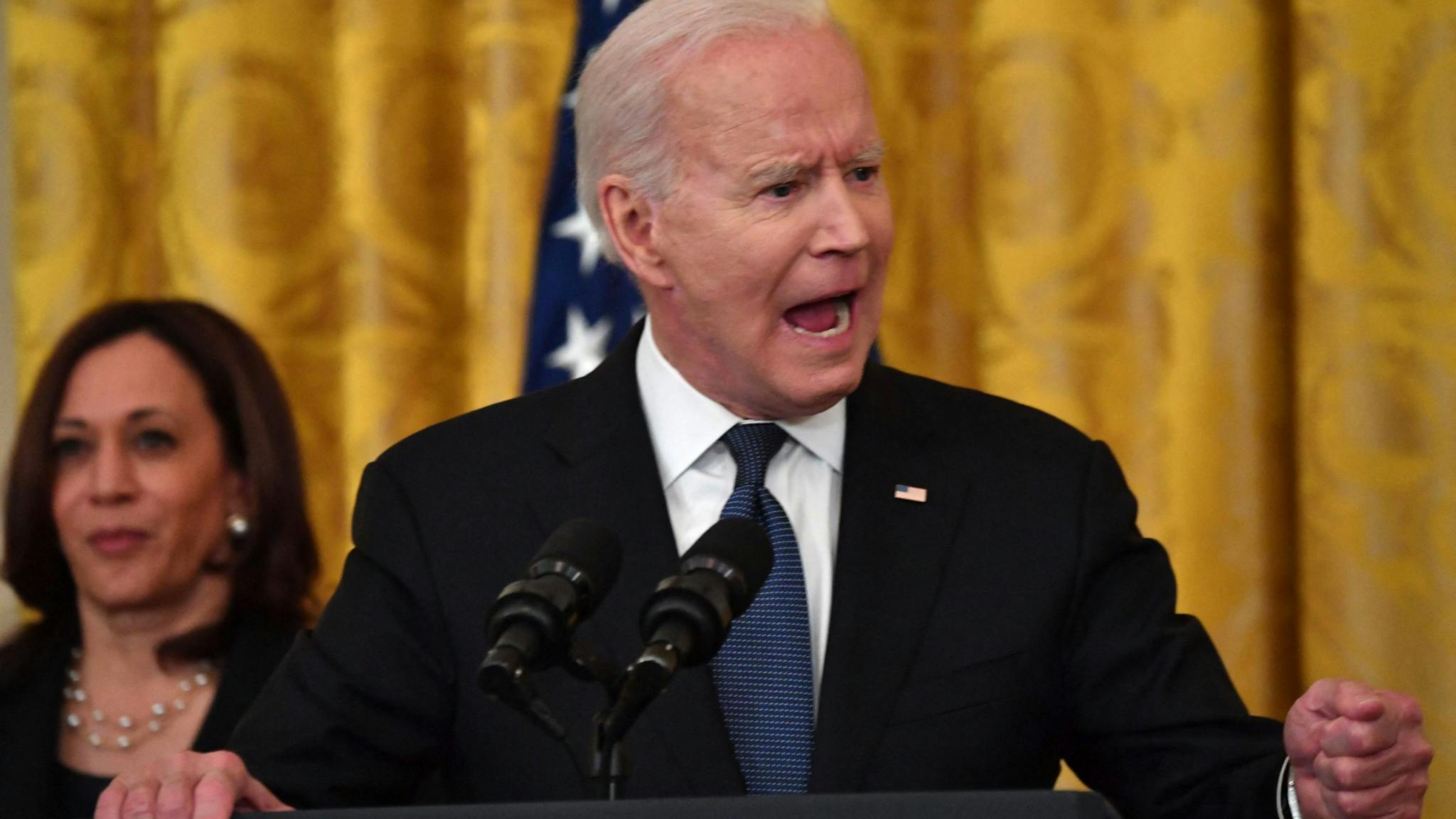 US-POLITICS-BIDEN US President Joe Biden speaks before signing the Covid-19 Hate Crimes Act, in the East Room of the White House in Washington, DC on May 20, 2021.