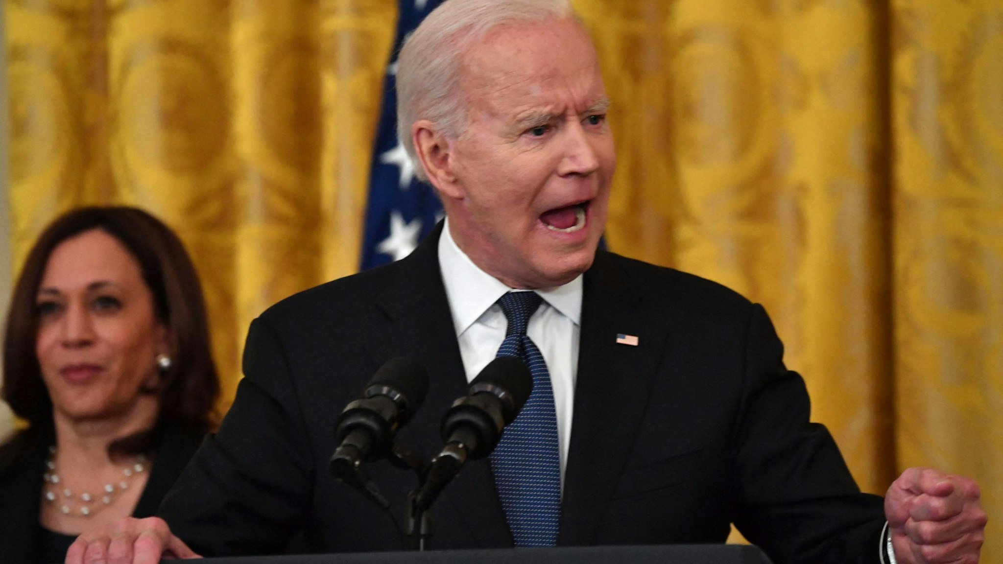 US President Joe Biden speaks before signing the Covid-19 Hate Crimes Act, in the East Room of the White House in Washington, DC on May 20, 2021.