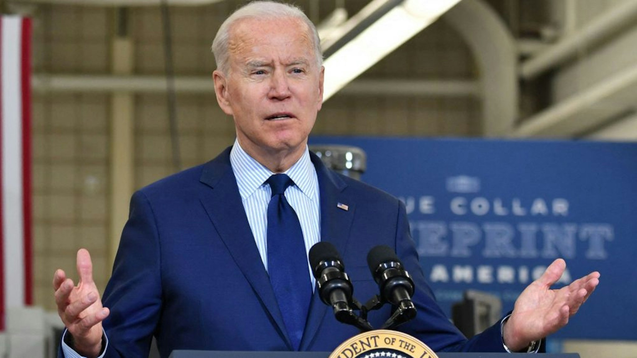 US President Joe Biden speaks on the economy at Cuyahoga Community College Manufacturing Technology Center, on May 27, 2021, in Cleveland, Ohio.