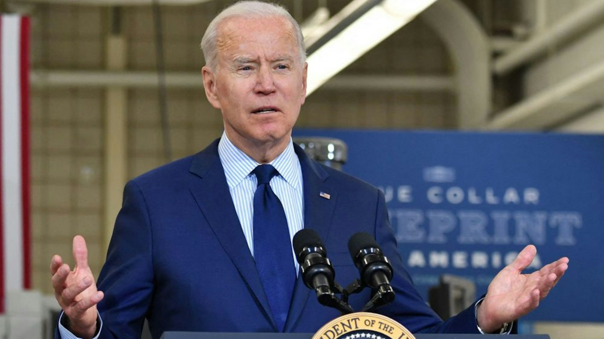 US President Joe Biden speaks on the economy at Cuyahoga Community College Manufacturing Technology Center, on May 27, 2021, in Cleveland, Ohio.