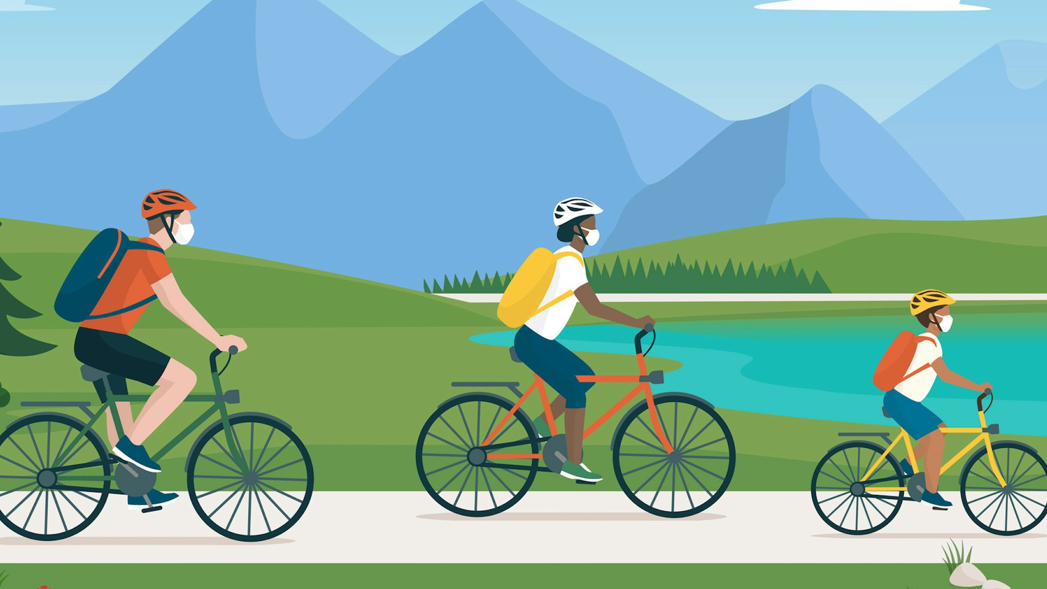 Happy traveling family spending time outdoors, they are cycling together in nature and wearing protective face masks (Happy traveling family spending time outdoors, they are cycling together in nature and wearing protective face masks, ASCII, 117 comp