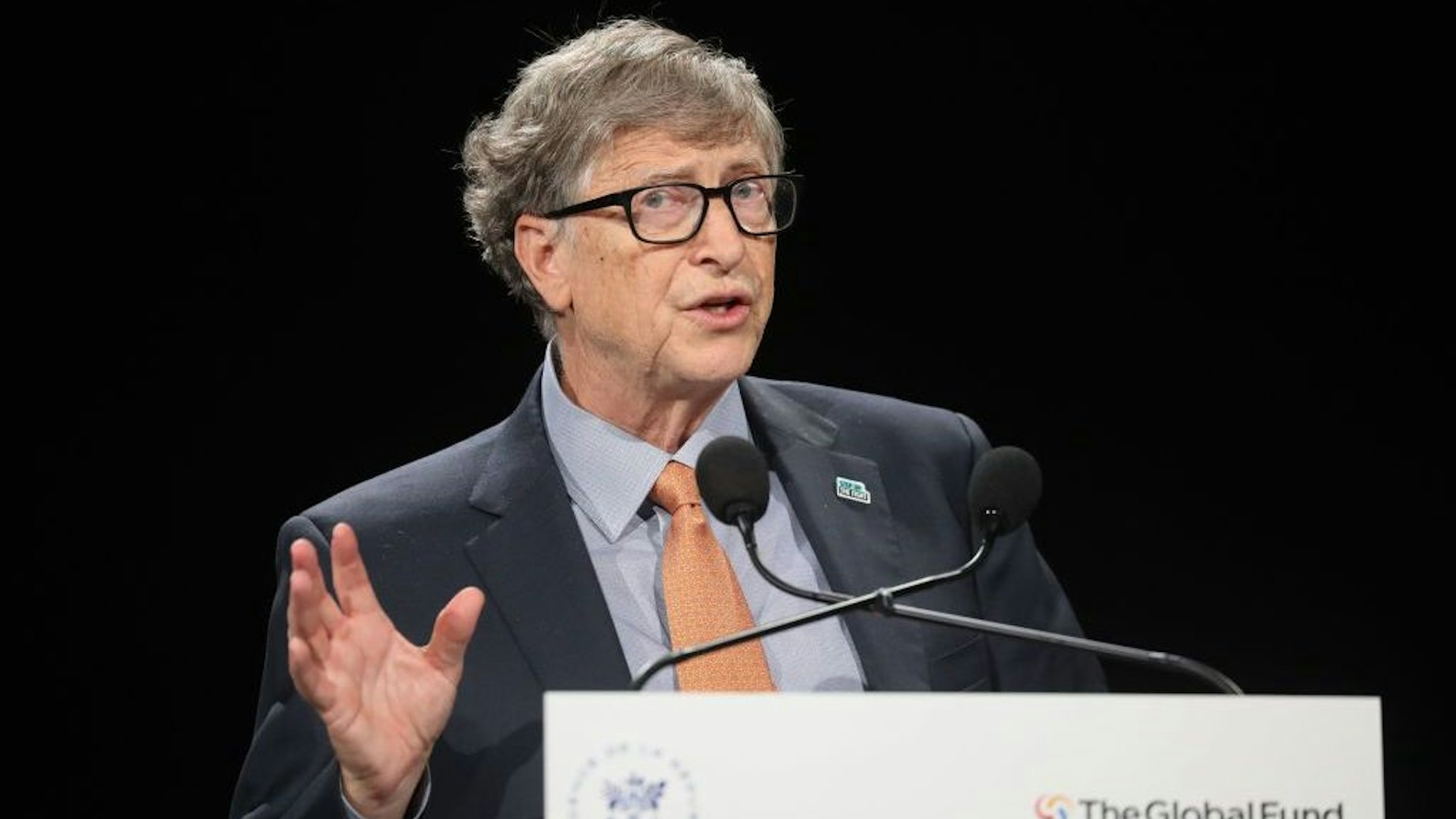 Microsoft founder, Co-Chairman of the Bill & Melinda Gates Foundation, Bill Gates delivers a speech during the conference of Global Fund to Fight HIV, Tuberculosis and Malaria on october 10, 2019, in Lyon, central eastern France. - The Global Fund to Fight AIDS, Tuberculosis and Malaria opened a drive to raise $14 billion to fight a global epidemics but face an uphill battle in the face of donor fatigue. (Photo by Ludovic MARIN / AFP) (Photo by LUDOVIC MARIN/AFP via Getty Images)