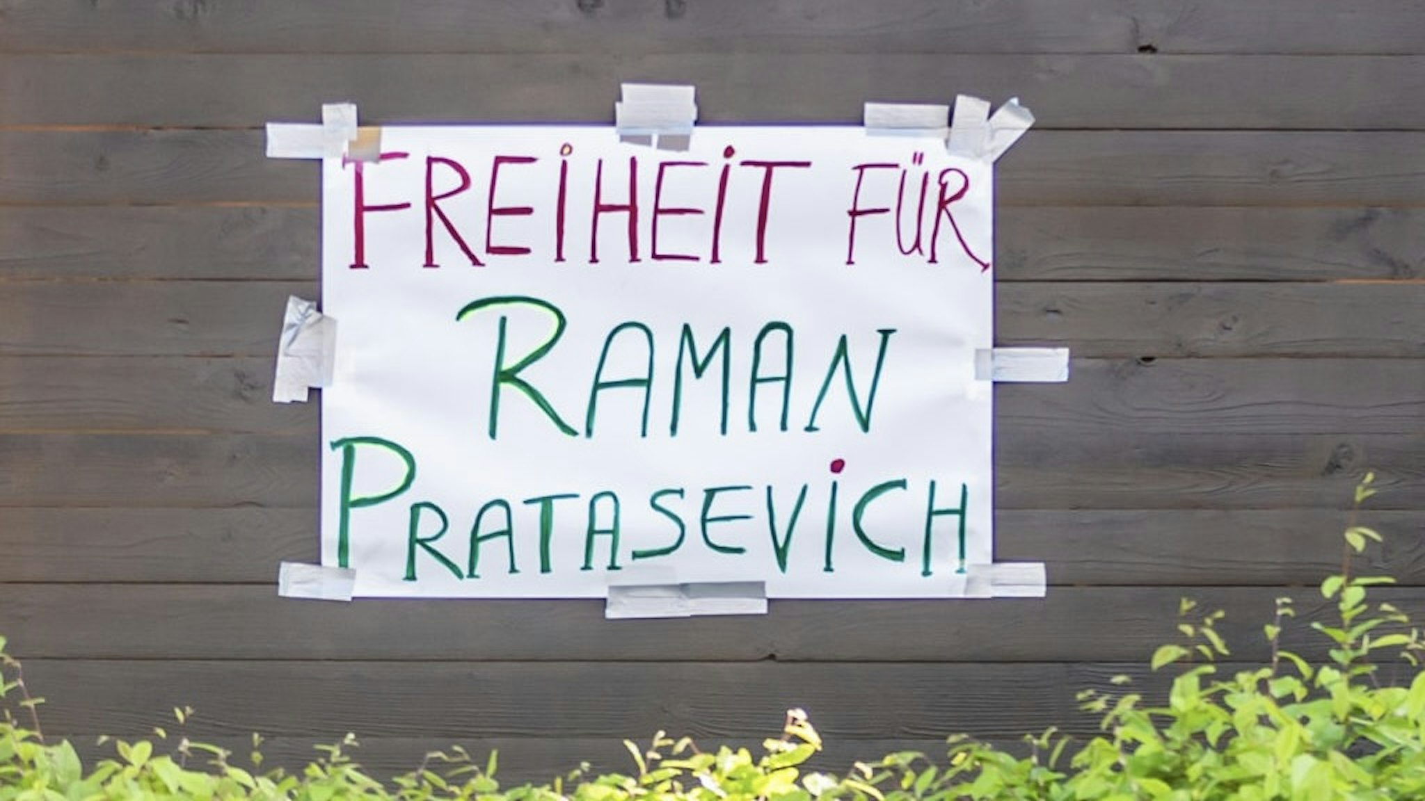 Embassy of Belarus in Berlin 24 May 2021, Berlin: "Freedom for Raman Pratasevich" (Roman Protashevich) is written on a protest wagon in front of the Embassy of Belarus in Berlin. The EU has strongly condemned the forced landing of a scheduled flight by Belarusian authorities in Minsk and held out the prospect of sanctions against those responsible. In addition, EU foreign affairs representative Borrell demanded the immediate release of Belarusian journalist Roman Protasevich on behalf of all 27 EU states. Photo: Christoph Soeder/dpa (Photo by Christoph Soeder/picture alliance picture alliance / Contributor via Getty Images)