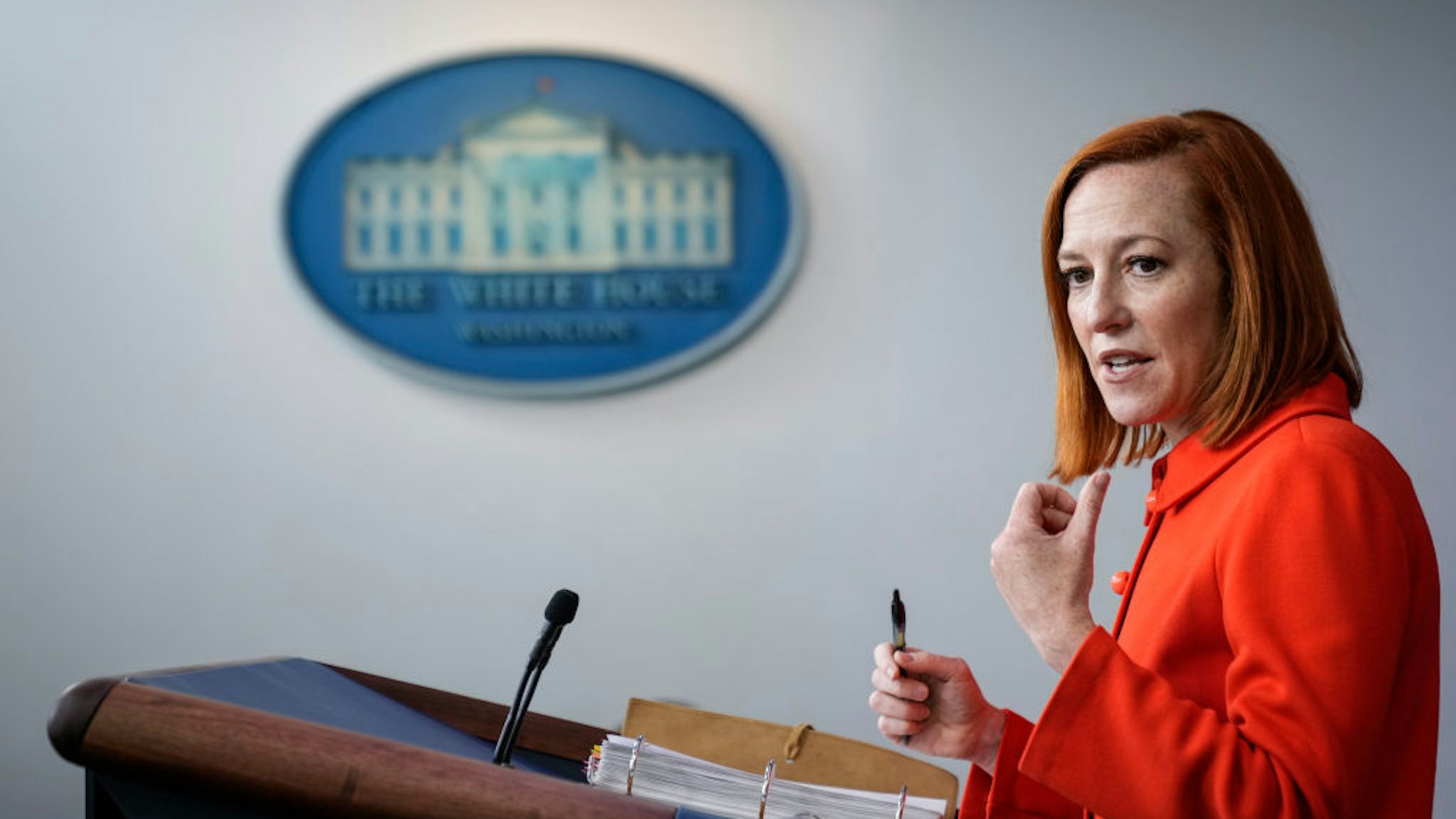 WASHINGTON, DC - MAY 12: White House Press Secretary Jen Psaki speaks during the daily press briefing at the White House on May 12, 2021 in Washington, DC. The majority of the briefing focused on the ransomware attack on the Colonial Pipeline. More than three-quarters of gas stations in some southern U.S. cities have run out of gasoline as the pipeline shutdown stretches into a fifth day. (Photo by Drew Angerer/Getty Images)