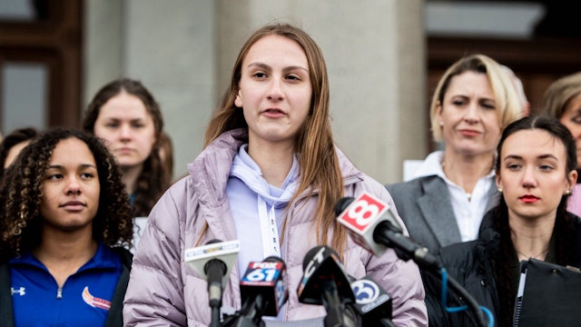 Canton High School senior Chelsea Mitchell speaks during a press conference with Alanna Smith, Danbury High School sophomore, to her left and Selina Soule, Glastonbury High School senior, to her right at the Connecticut State Capitol Wednesday, Feb. 12, 2020, in downtown Hartford, Conn. (Kassi Jackson/Hartford Courant/Tribune News Service via Getty Images)