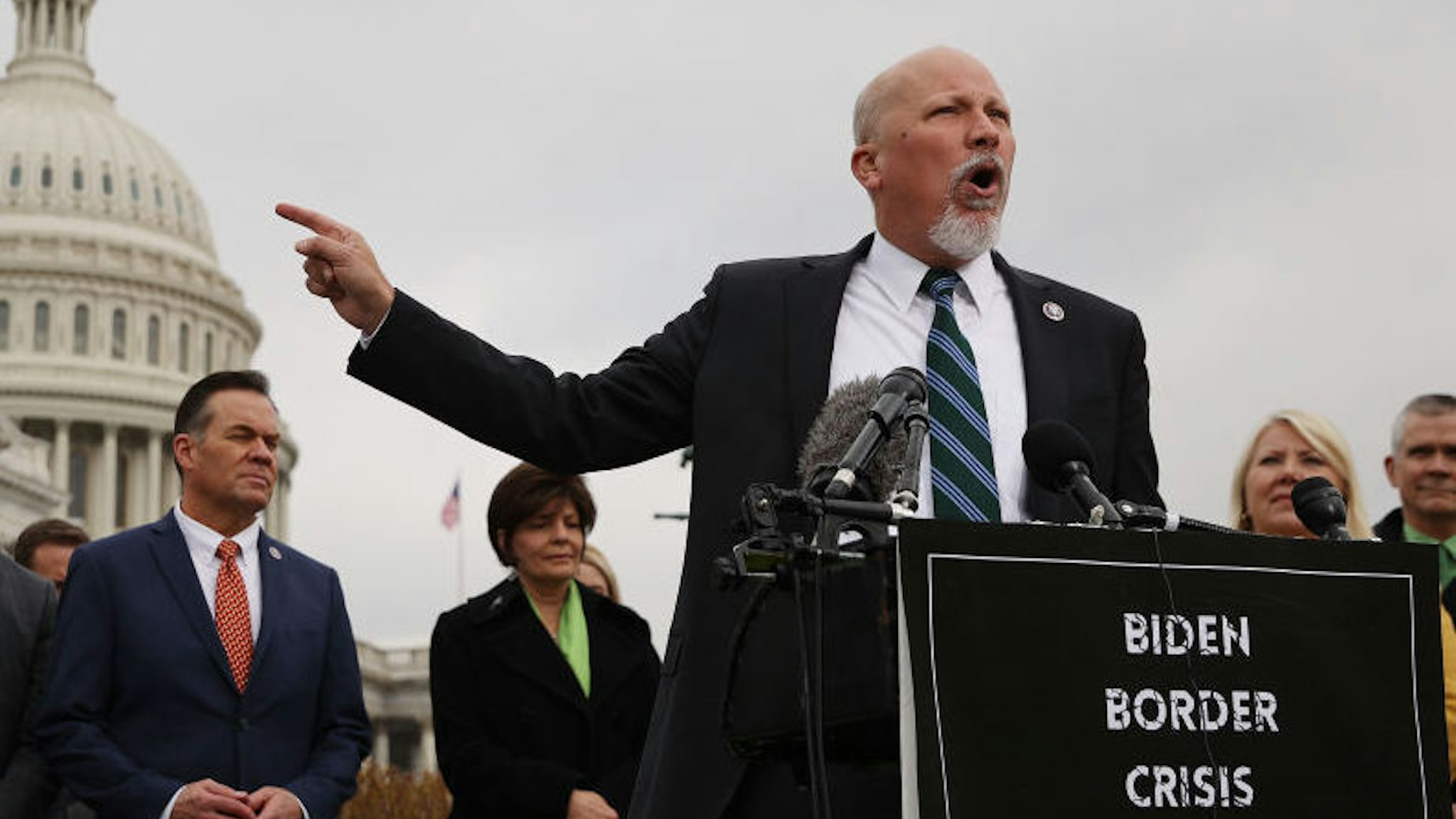 WASHINGTON, DC - MARCH 17: Rep. Chip Roy (R-TX) speaks during a news conference with members of the House Freedom Caucus about immigration on the U.S.-Mexico border outside the U.S. Capitol on March 17, 2021 in Washington, DC. Accusing the Biden Administration of partnering with with drug cartels, members of the conservative caucus listed numerous crimes along the border, including cattle rustling