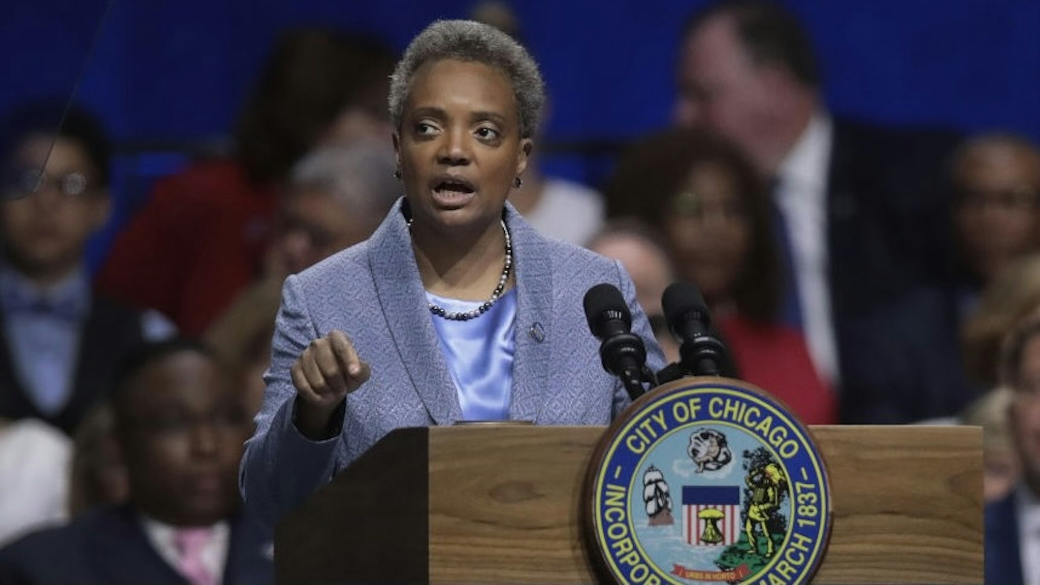 Lori Lightfoot Is Sworn In As Chicago's First Female African American Mayor CHICAGO, ILLINOIS - MAY 20: Lori Lightfoot addresses guests after being sworn in as Mayor of Chicago during a ceremony at the Wintrust Arena on May 20, 2019 in Chicago, Illinois. Lightfoot become the first black female and openly gay Mayor in the city’s history. (Photo by Scott Olson/Getty Images)