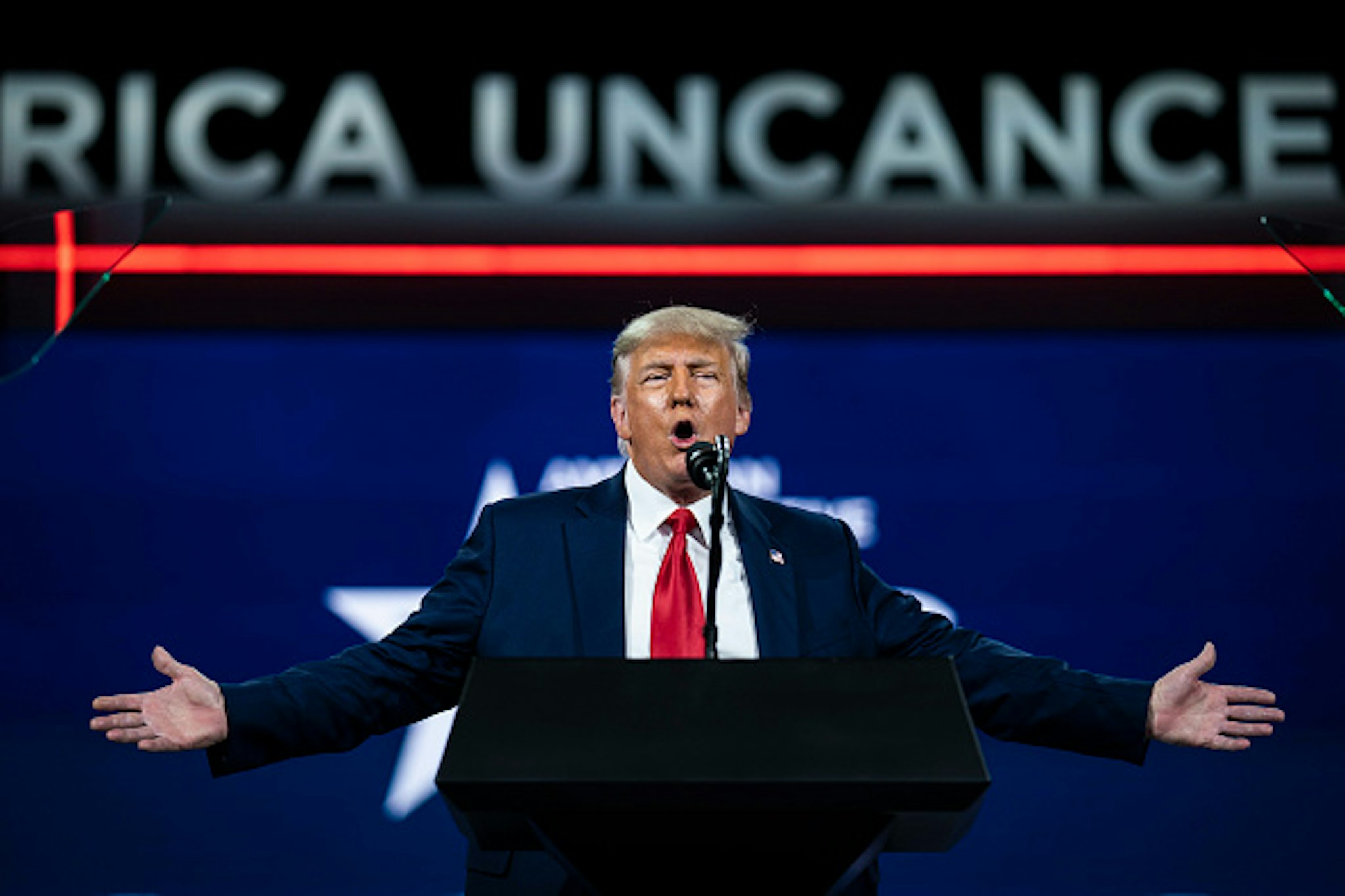 ORLANDO, FL - FEBRUARY 28: Former President Donald J Trump speaks during the final day of the Conservative Political Action Conference CPAC held at the Hyatt Regency Orlando on Sunday, Feb 28, 2021 in Orlando, FL.