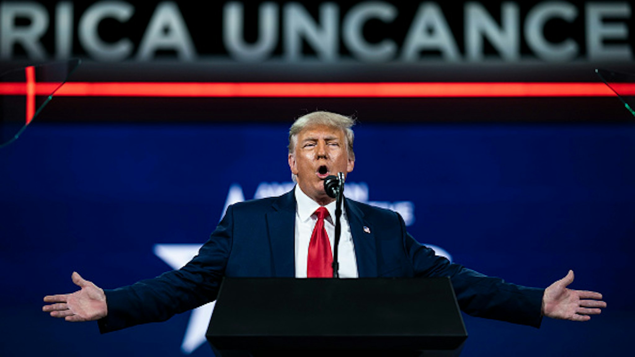 ORLANDO, FL - FEBRUARY 28: Former President Donald J Trump speaks during the final day of the Conservative Political Action Conference CPAC held at the Hyatt Regency Orlando on Sunday, Feb 28, 2021 in Orlando, FL.