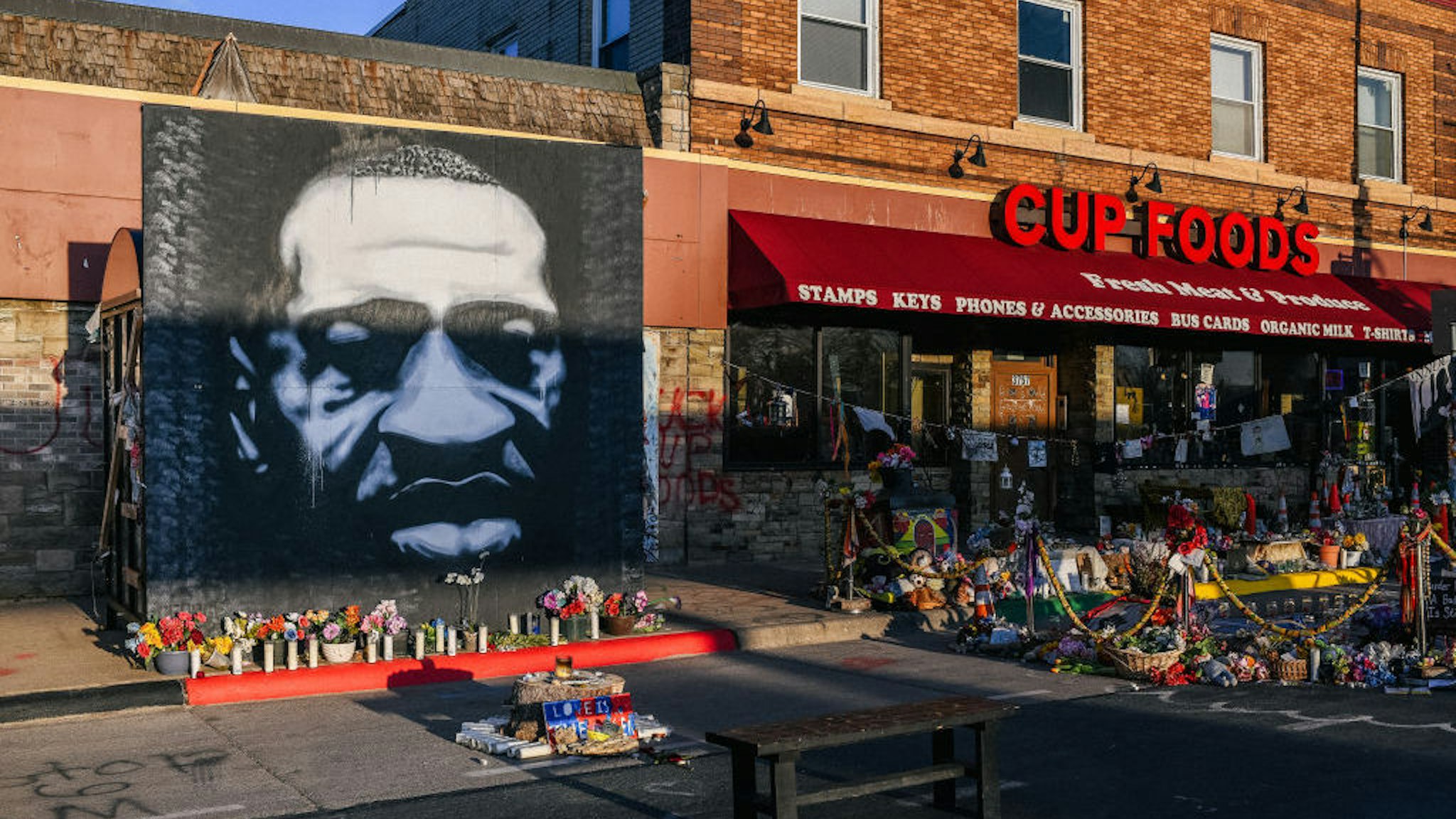 MINNEAPOLIS, MN - MARCH 31: A mural of George Floyd is shown in the intersection of 38th St &amp; Chicago Ave on March 31, 2021 in Minneapolis, Minnesota. Community members continue preparations during the third day in the trial of former Minneapolis police officer Derek Chauvin, who is charged with multiple counts of murder in the death of George Floyd. (Photo by Brandon Bell/Getty Images)