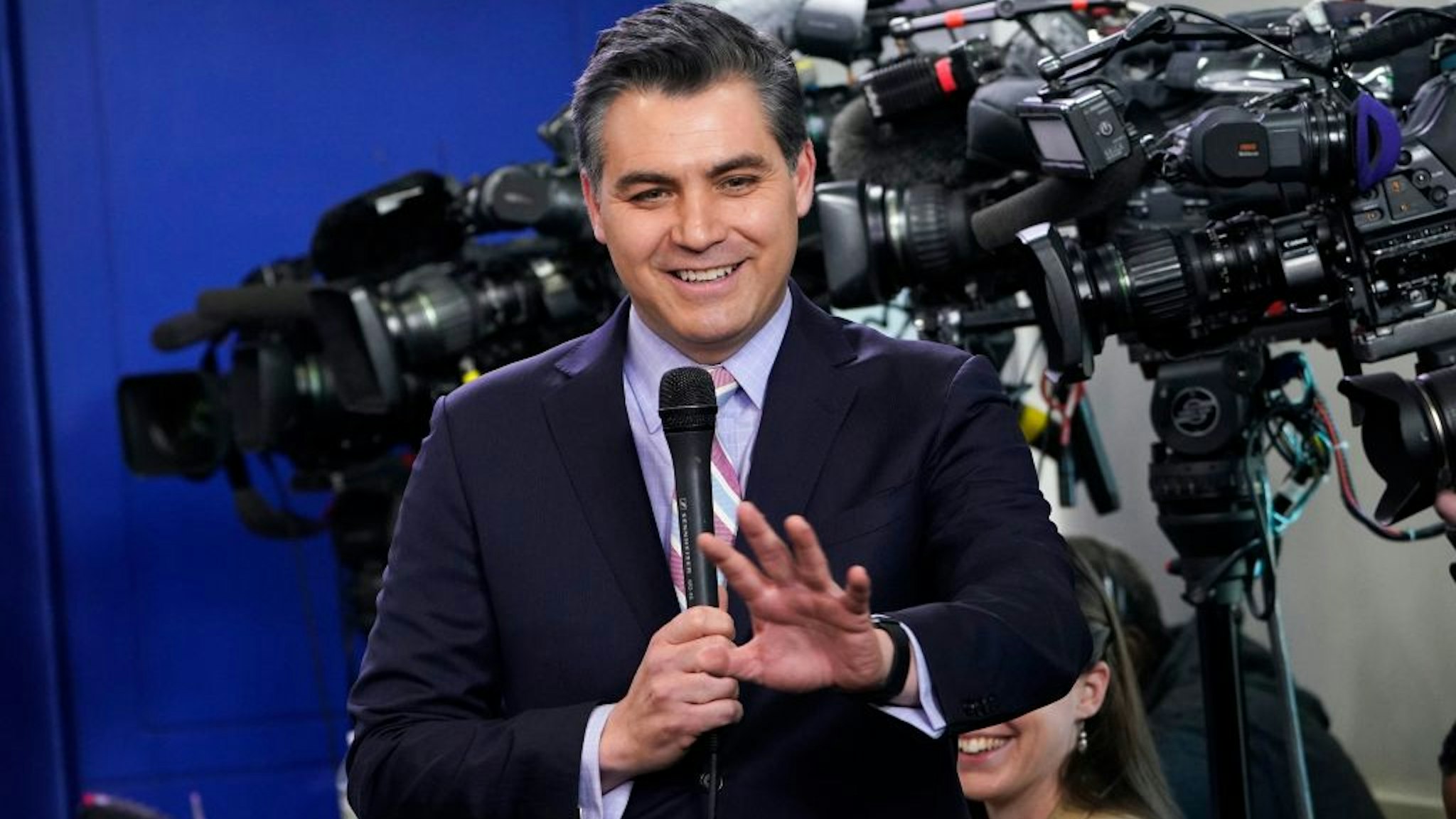 A February 8, 2018 photo shows CNN chief White House correspondent Jim Acosta before the start of a briefing in the Brady Briefing Room of the White House in Washington, DC. - The White House on November 7, 2018, suspended the press pass of a CNN reporter who earlier sparred with Donald Trump at a news conference, in which the US president branded the journalist an "enemy of the people." An association representing the White House press corps dubbed the Trump administration's revocation of a CNN reporter's credentials "out of line" and "unacceptable." (Photo by MANDEL NGAN / AFP) (Photo by MANDEL NGAN/AFP via Getty Images)