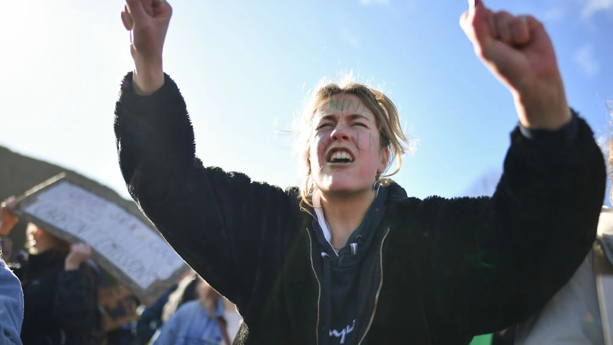 UK Students Strike Against Climate Change EDINBURGH, SCOTLAND - MARCH 15: School children hold placards and shout slogans as they participate in a protest outside the Scottish Parliament on March 15, 2019 in Edinburgh, Scotland. Students around the world took to the streets on March 15 to protest a lack of climate awareness and demand that elected officials take action on climate change. Inspired by Greta Thunberg, the 16-year-old environmental activist who started skipping school since August 2018 to protest outside Sweden's parliament, school and university students worldwide have followed her lead and shared her alarm and anger. (Photo by Jeff J Mitchell/Getty Images)