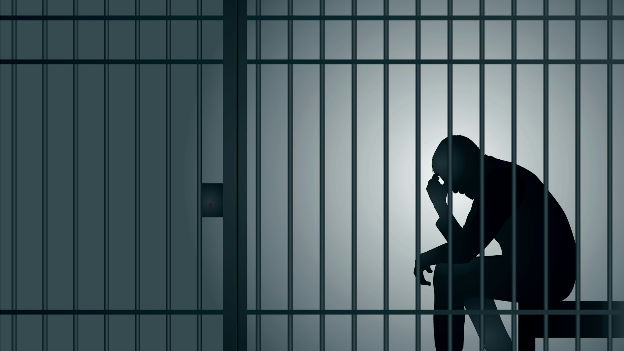 A symbol of a criminal's incarceration with a man imprisoned in a cell. - stock vector