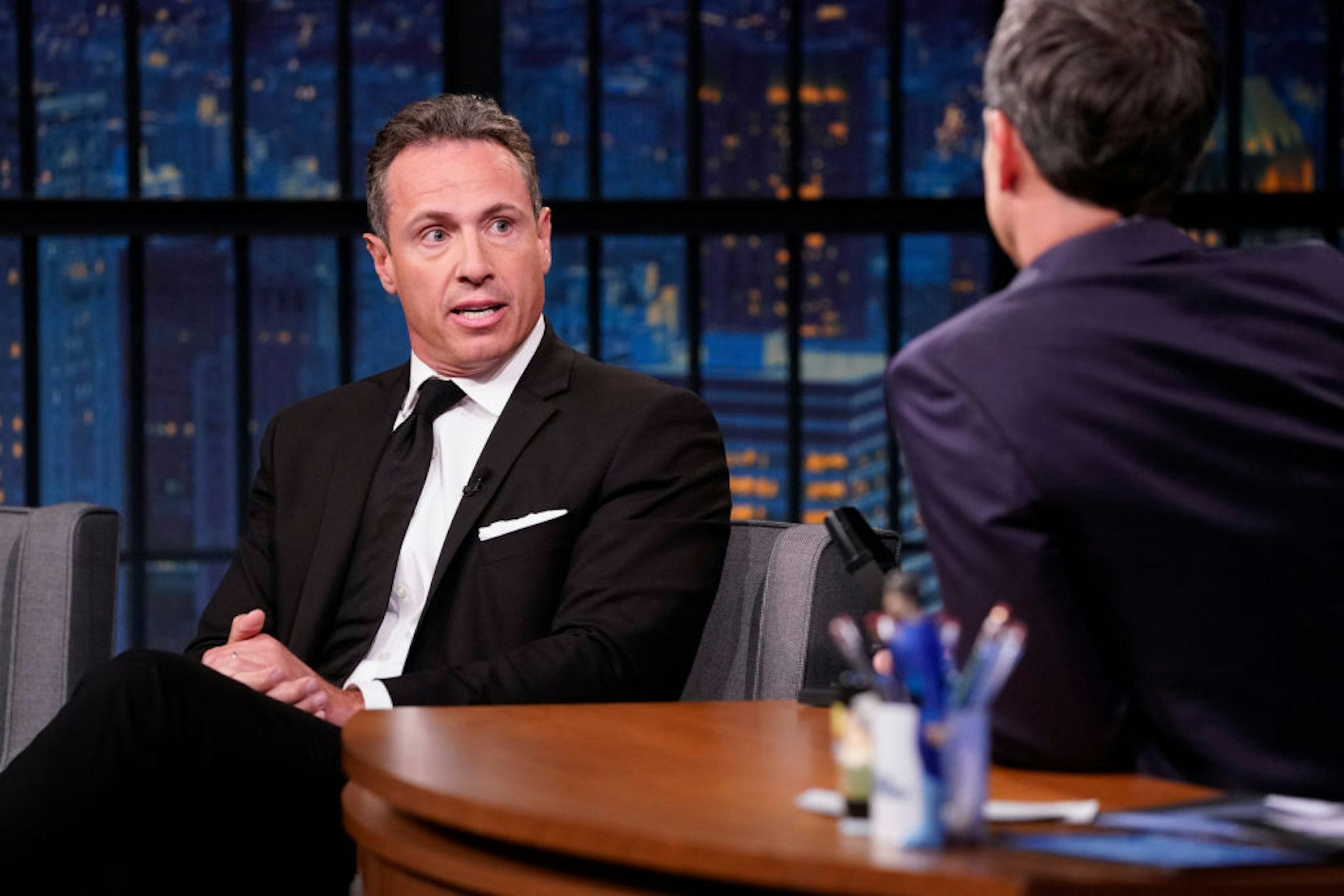 LATE NIGHT WITH SETH MEYERS -- Episode 867 -- Pictured: (l-r) CNN's Chris Cuomo during an interview with host Seth Meyers on August 1, 2019 -- (Photo by: Lloyd Bishop/NBCU Photo Bank/NBCUniversal via Getty Images via Getty Images)