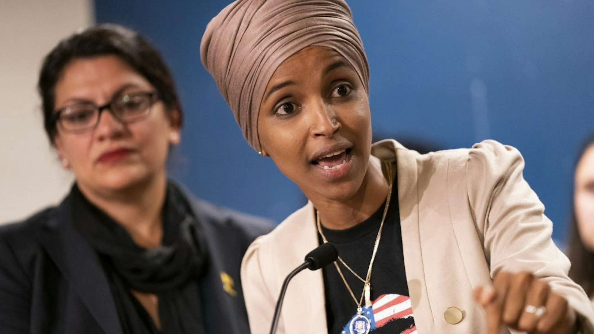 St. Paul, MN-August 19: Rep. Ilhan Omar, with Rep. Rashida Tlaib at her side, spoke at a press conference at the State Capitol.