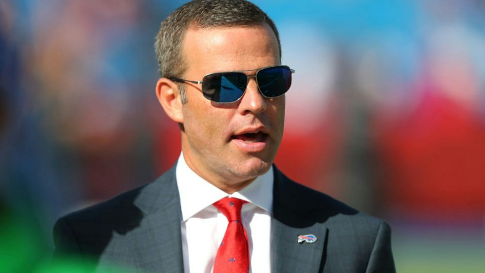 ORCHARD PARK, NY - OCTOBER 20: Buffalo Bills general manager Brandon Beane on the field before a game against the Miami Dolphins at New Era Field on October 20, 2019 in Orchard Park, New York. Buffalo beats Miami 31 to 21. (Photo by Timothy T Ludwig/Getty Images)